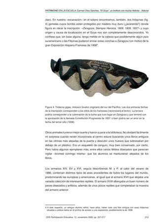 PATRIMONIO EN LA ESCUELA. Carmen Díez Sánchez. “El Goya”, un instituto con mucha Historia…Natural


claro. En nuestra «excavación» en el sótano encontramos, también, dos tridacnas (ﬁg.
4) gemelas cuyos bordes están protegidos por madera muy dura (¿jacarandá?) donde
ﬁgura en nácar la inscripción: «Zaragoza, Siempre Heroica, 1808, 1809, 1837» y cuyo
origen y causa de localización en el Goya nos son completamente desconocidos. Yo
conﬁeso que, sin base alguna, tengo metido en la cabeza que posiblemente algún país
suramericano o las Filipinas pudieron enviar estas conchas a Zaragoza con motivo de la
gran Exposición Hispano-Francesa de 19084.




Figura 4. Tridacna gigas, molusco bivalvo originario del sur del Pacíﬁco. Las dos primeras fechas
de la inscripción corresponden a los sitios de los franceses (reconocerá el lector). La tercera
podría corresponder a la culminación de la lucha que tuvo lugar en Zaragoza y que terminó con
la aprobación de la llamada Constitución Progresista de 1837, o bien podría ser un error en la
fecha del tercer sitio (1838).



Otros animales tuvieron mejor suerte y fueron a parar a la biblioteca. No olvidaré fácilmente
mi sorpresa cuando recién incorporada al centro estuve buscando unos libros antiguos
en las vitrinas más alejadas de la puerta y descubrí unos huesos que sobresalían por
debajo de un plástico. Era un esqueleto de canguro, muy bien conservado, por cierto.
Pero había algunos ejemplares más, entre ellos varios félidos disecados que parecían
vigilar –bromeé conmigo misma– que los alumnos se mantuvieran alejados de los
libros.



Los armarios XIV, XV y XVI, seguía describiendo M. y P. al calor del verano de
1886, contenían distintos tipos de aves procedentes de todos los lugares del mundo,
predominando las europeas y americanas, al igual que el armario XVII que alojaba una
variada colección de interesantes reptiles. El armario XVIII albergaba un buen número de
peces disecados y anﬁbios, además de unos pocos reptiles que completaban la muestra
del armario anterior.




4 A este respecto, un antiguo alumno reﬁrió, hace años, haber visto una foto antigua con esas tridacnas
  situadas a ambos lados en el pórtico de acceso a una exposición, posiblemente la de 1908.


CEE Participación Educativa, 12, noviembre 2009, pp. 207-217                                       213
 