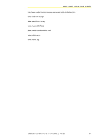 BIBLIOGRAFÍA Y ENLACES DE INTERÉS


http://www.englishclub.com/young-learners/english-for-babies.htm

www.weib.caib.es/iepi

www.revistainfancia.org

www.museodelniño.es

www.conservatorioamaniel.com

www.enterarte.es

www.waece.org




CEE Participación Educativa, 12, noviembre 2009, pp. 218-224                           224
 