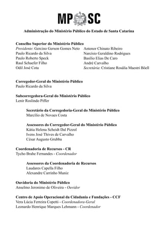 Conselho Superior do Ministério Público
Presidente: Gercino Gerson Gomes Neto
Paulo Ricardo da Silva
Paulo Roberto Speck
Raul Schaefer Filho
Odil José Cota
Antenor Chinato Ribeiro
Narcísio Geraldino Rodrigues
Basílio Elias De Caro
André Carvalho
Secretária: Cristiane Rosália Maestri Böell
Administração do Ministério Público do Estado de Santa Catarina
Corregedor-Geral do Ministério Público
Paulo Ricardo da Silva
Subcorregedora-Geral do Ministério Público
Lenir Roslindo Piffer
Secretário da Corregedoria-Geral do Ministério Público
Marcílio de Novaes Costa
Assessores do Corregedor-Geral do Ministério Público
Kátia Helena Scheidt Dal Pizzol
Ivens José Thives de Carvalho
César Augusto Grubba
Coordenadoria de Recursos - CR
Tycho Brahe Fernandes - Coordenador
Assessores da Coordenadoria de Recursos
Laudares Capella Filho
Alexandre Carrinho Muniz
Ouvidoria do Ministério Público
Anselmo Jeronimo de Oliveira - Ouvidor
Centro de Apoio Operacional da Cidadania e Fundações - CCF
Vera Lúcia Ferreira Copetti - Coordenadora-Geral
Leonardo Henrique Marques Lehmann - Coordenador
 
