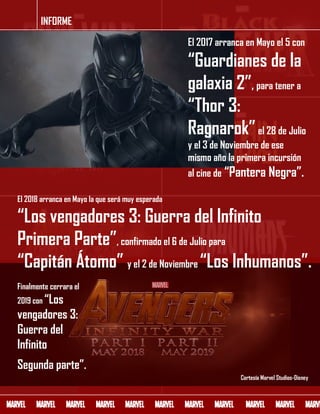 INFORME
El 2018 arranca en Mayo la que será muy esperada
“Los vengadores 3: Guerra del Infinito
Primera Parte”, confirmado el 6 de Julio para
“Capitán Átomo” y el 2 de Noviembre “Los Inhumanos”.
El 2017 arranca en Mayo el 5 con
“Guardianes de la
galaxia 2”, para tener a
“Thor 3:
Ragnarok”el 28 de Julio
y el 3 de Noviembre de ese
mismo año la primera incursión
al cine de “Pantera Negra”.
Finalmente cerrara el
2019 con “Los
vengadores 3:
Guerra del
Infinito
Segunda parte”.
Cortesía Marvel Studios-Disney
 