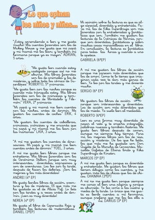 “¡Estoy aprendiendo a leer y me gusta
mucho! Mis cuentos favoritos son los de
Mickey Mouse y me gusta que mi papá
y mi mamá me los lean; y también mi
hermano porque ya es mayor” ADRIÁN,
5 años.
“Me gusta leer cuando estoy
castigado porque así no me
aburro. Mis libros favoritos
son los de animales y los de
misterio, y sobre todo los cómics de Su-
perlópez” ROBERTO, 5º primaria.
“Me gusta leer por las noches porque es
cuando más tranquila estoy. Mis libros
favoritos son los de princesas y tam-
bién los cuentos de Mortadelo y File-
món” VERA, 2º primaria
“Mi papá y mi mamá me leen cuentos
por las noches, antes de dormir. Me
gustan los cuentos de coches” ERIK, 4
años.
“Me gustan los cuentos de caballeros,
princesas, príncipes y me encanta que
mi papá y mi mamá me los lean por
las mañanas” LAIA, 3 años.
“A mí me gustan los cuentos de dino-
saurios. Mi papá y mi mamá me leen
cuentos antes de dormir” YOEL, 3 años.
A mí me gusta leer libros porque me
entretiene. Mis libros favoritos son los
de Gerónimo Stilton porque son muy
interesantes, divertidos, expresivos y
son de aventuras. Los leo por la tarde,
después de hacer los deberes. ¡Son los
mejores y los más divertidos!
ANDREI (4º EP)
Me gusta leerlos libros de acción, aven-
tura y los de misterio. El que más me
ha gustado es el de Alicia Paf. Lo leía
por las tardes y a veces antes de dor-
mir. ¡Leer es muy divertido!
NEREA (4º EP)
Me gusta el libro de Caperucita Roja y
también las lecturas de matemáticas.
DANIEL (3ºEP)
Mi opinión sobre la lectura es que es al-
go especial, divertida y entretenida. Pa-
ra mí, las de Kika Superbruja son mis
favoritas por lo entretenidas y fantás-
ticas que son. También me gustan las
lecturas de la Crónicas de Narnia, por-
que son divertidas, fantásticas y salen
muchas cosas maravillosas en el libro.
En conclusión, la lectura es fantástica
para todas las horas y cuando a uno
le apetece.
GABRIELA (6ºEP)
A mí me gustan los libros de acción
porque me parecen más divertidos que
los de amor. Como te lo tienes que ima-
ginar cada vez te dan más ganas de
leer. Yo leo por las tardes y me divierto
mucho.
SERGIO (6º EP)
Me gustan los libros de acción
porque son interesantes y divertidos.
Los de acción son más divertidos que
los de miedo. Yo suelo leer al mediodía.
ROBERTO (6ºEP)
Leer es una forma muy divertida de
pasar el rato y te enseña ortografía,
palabras nuevas y también historia. Me
gusta leer libros después de comer,
aunque no siempre hay tiempo. Para
mí, los mejores libros son los de risa,
acción y misterio. De los que he leído,
los que más me ha gustado son Don
Quijote de la Mancha de Cervantes, Ma-
nolito Gafotas de Elvira lindo y Kika
Superbruja de Kinster.
MARCOS (5º EP)
A mí me gusta leer porque es divertido
y entretenido. Me gustan los libros que
tienen dibujos como los cuentos, y me
gustan más los de chicas que los de chi-
cos. CHAIMAA (3ºEP)
A mí no me gusta leer porque siempre
me canso al leer una página y porque
es aburrido. Yo leo como a las cuatro y
media de la tarde. Lo único que me gus-
ta es leerle cuentos a mi hermana,
aunque prefiero que me los lea ella a
mí. DARIUS (3º EP)
 