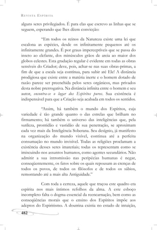 REVISTA ESPÍRITA
482
alguns seres privilegiados. É para elas que escrevo as linhas que se
seguem, esperando que lhes dêem convicção:
“Em todos os reinos da Natureza existe uma lei que
escalona as espécies, desde os infinitamente pequenos até os
infinitamente grandes. É por graus imperceptíveis que se passa do
inseto ao elefante, dos minúsculos grãos de areia ao maior dos
globos celestes. Esta gradação regular é evidente em todas as obras
sensíveis do Criador; deve, pois, achar-se nas suas obras-primas, a
fim de que a escala seja contínua, para subir até Ele! A distância
prodigiosa que existe entre a matéria inerte e o homem dotado de
razão parece ser preenchida pelos seres orgânicos, mas privados
desta nobre prerrogativa. Na distância infinita entre o homem e seu
autor, encontra-se o lugar dos Espíritos puros. Sua existência é
indispensável para que a Criação seja acabada em todos os sentidos.
“Assim, há também o mundo dos Espíritos, cuja
variedade é tão grande quanto o das estrelas que brilham no
firmamento; há também o universo das inteligências que, pela
sutileza, prontidão e vastidão de sua penetração, se aproximam
cada vez mais da Inteligência Soberana. Seu desígnio, já manifesto
na organização do mundo visível, continua até a perfeita
consumação no mundo invisível. Todas as religiões proclamam a
existência desses seres imateriais; todas os representam como se
imiscuindo nos assuntos humanos, como agentes secundários. Não
admitir a sua intromissão nas peripécias humanas é negar,
conseqüentemente, os fatos sobre os quais repousam as crenças de
todos os povos, de todos os filósofos e de todos os sábios,
remontando até a mais alta Antiguidade.”
Com toda a certeza, aquele que traçou este quadro era
espírita nos mais íntimos refolhos da alma. A este esboço
incompleto falta o dogma essencial da reencarnação, bem como as
conseqüências morais que o ensino dos Espíritos impõe aos
adeptos do Espiritismo. A doutrina existia no estado de intuição,
 