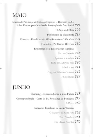 MAIO
Sociedade Parisiense de Estudos Espíritas – Discurso do Sr.
Allan Kardec por Ocasião da Renovação do Ano Social 199
O Anjo da Cólera 209
Fenômenos de Transporte 213
Conversas Familiares de Além-Túmulo – O Dr. Glas 224
Questões e Problemas Diversos 230
Ensinamentos e Dissertações Espíritas:
Sra. de Girardin 238
A pintura e a música 240
Festa dos Espíritos bons 240
Vinde a nós 241
Progresso intelectual e moral 242
A inundação 243
JUNHO
Channing – Discurso Sobre a Vida Futura 245
Correspondência – Carta do Sr. Roustaing, de Bordeaux 253
A Prece 260
Conversas Familiares de Além-Túmulo:
O Marquês de Saint-Paul 262
Henri Mondeux 265
Sra. Anaïs Gourdon 270
 