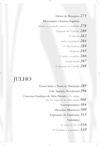Efeitos do Desespero 273
Dissertações e Ensinos Espíritas:
Muitos os chamados, poucos os escolhidos 278
Ocupação dos Espíritos 280
O deboche 282
Sobre o perispírito 284
O Anjo Gabriel 284
Despertai 285
O gênio e a miséria 286
Transformação 287
A separação do Espírito 288
JULHO
Ensaio Sobre a Teoria da Alucinação 289
Uma Aparição Providencial 296
Conversas Familiares de Além-Túmulo – Os amigos
não nos esquecem no outro mundo 300
Correspondência 304
Desenhos Misteriosos 309
Exploração do Espiritismo 313
Variedades:
As visões do Sr. O. 316
Os Espíritos e a gramática 319
 