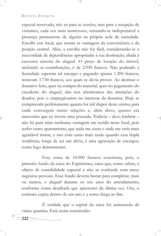 REVISTA ESPÍRITA
222
especial reservado, não só para as sessões, mas para a recepção de
visitantes, cada vez mais numerosos, tornando-se indispensável a
presença permanente de alguém na própria sede da sociedade.
Escolhi este local, que reunia as vantagens da conveniência e da
posição central. Aliás, a escolha não foi fácil, considerando-se a
necessidade de dependências apropriadas à sua destinação, aliada à
excessiva carestia do aluguel. O preço de locação do imóvel,
incluindo as contribuições, é de 2.930 francos. Não podendo a
Sociedade suportar tal encargo e pagando apenas 1.200 francos,
restavam 1.730 francos, aos quais se devia prover. Ao destinar o
donativo feito, quer na compra do material, quer no pagamento do
excedente do aluguel, não nos afastávamos das intenções do
doador, pois o empregávamos no interesse da doutrina. Hoje se
compreende perfeitamente quanto foi útil dispor deste centro, para
onde convergem tantas relações e, além disso, quanto era
necessário que eu tivesse uma pousada. Todavia – devo lembrar –
não há para mim nenhuma vantagem em residir neste local, pois
tenho outro apartamento, que nada me custa e onde me seria mais
agradável morar, e isto com tanto mais razão quando essa dupla
residência, longe de ser um alívio, é uma agravação de encargos,
como logo demonstrarei.
Esta soma de 10.000 francos constituiu, pois, o
primeiro fundo da caixa do Espiritismo, caixa que, como sabeis, é
objeto de contabilidade especial e não se confunde com meus
negócios pessoais. Esse fundo deveria bastar para completar, mais
ou menos, o aluguel durante os seis anos do arrendamento,
conforme conta detalhada que apresentei da última vez. Ora, o
contrato expira dentro de um ano e a soma chega ao fim.
É verdade que o capital da caixa foi aumentado de
várias quantias. Está assim constituído:
 