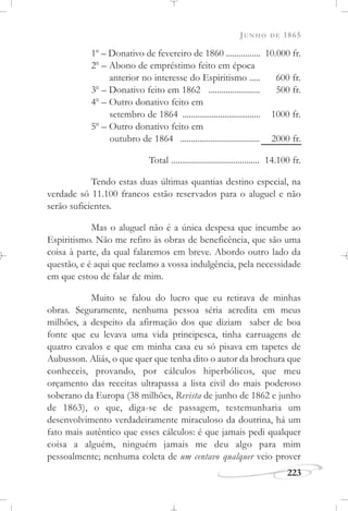 JUNHO DE 1865
223
1o
– Donativo de fevereiro de 1860 ................ 10.000 fr.
2o
– Abono de empréstimo feito em época
anterior no interesse do Espiritismo ..... 600 fr.
3o
– Donativo feito em 1862 ........................ 500 fr.
4o
– Outro donativo feito em
setembro de 1864 ..................................... 1000 fr.
5o
– Outro donativo feito em
outubro de 1864 ..................................... 2000 fr.
Total ......................................... 14.100 fr.
Tendo estas duas últimas quantias destino especial, na
verdade só 11.100 francos estão reservados para o aluguel e não
serão suficientes.
Mas o aluguel não é a única despesa que incumbe ao
Espiritismo. Não me refiro às obras de beneficência, que são uma
coisa à parte, da qual falaremos em breve. Abordo outro lado da
questão, e é aqui que reclamo a vossa indulgência, pela necessidade
em que estou de falar de mim.
Muito se falou do lucro que eu retirava de minhas
obras. Seguramente, nenhuma pessoa séria acredita em meus
milhões, a despeito da afirmação dos que diziam saber de boa
fonte que eu levava uma vida principesca, tinha carruagens de
quatro cavalos e que em minha casa eu só pisava em tapetes de
Aubusson. Aliás, o que quer que tenha dito o autor da brochura que
conheceis, provando, por cálculos hiperbólicos, que meu
orçamento das receitas ultrapassa a lista civil do mais poderoso
soberano da Europa (38 milhões, Revista de junho de 1862 e junho
de 1863), o que, diga-se de passagem, testemunharia um
desenvolvimento verdadeiramente miraculoso da doutrina, há um
fato mais autêntico que esses cálculos: é que jamais pedi qualquer
coisa a alguém, ninguém jamais me deu algo para mim
pessoalmente; nenhuma coleta de um centavo qualquer veio prover
 