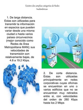 Existen dos amplias categorías de Redes 
1. De larga distancia. 
Estas son utilizadas para 
transmitir la información 
en espacios que pueden 
variar desde una misma 
ciudad o hasta varios 
países circunvecinos 
(mejor conocido como 
Redes de Área 
Metropolitana MAN); sus 
velocidades de 
transmisión son 
relativamente bajas, de 
4.8 a 19.2 Kbps. 
Inalámbricas 
2. De corta distancia. 
Estas son utilizadas 
principalmente en redes 
corporativas cuyas oficinas 
se encuentran en uno o 
varios edificios que no se 
encuentran muy retirados 
entre si, con velocidades 
del orden de 280 Kbps 
hasta los 2 Mbps. 
 