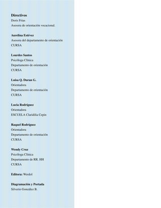 Directivos
Doris Frias
Asesora de orientación vocacional.


Aurelina Estévez
Asesora del departamento de orientación
CURSA


Lourdes Santos
Psicóloga Clínica
Departamento de orientación
CURSA


Luisa Q. Duran G.
Orientadora
Departamento de orientación
CURSA


Lucia Rodríguez
Orientadora
ESCUELA Claridilia Cepin


Raquel Rodríguez
Orientadora
Departamento de orientación
CURSA


Wendy Cruz
Psicóloga Clínica
Departamento de RR. HH
CURSA


Editora: Werdol


Diagramación y Portada
Silverio González B.
 