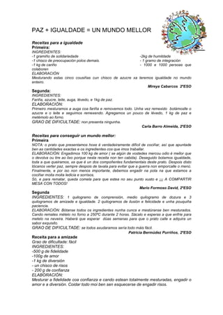 PAZ + IGUALDADE = UN MUNDO MELLOR
Receitas para a igualdade
Primeira:
INGREDIENTES:
-1 gramiño de solidariedade -2kg de humildade
-1 chisco de preocupación polos demais. - 1 gramo de integración
-1 kg de cariño - 1000 e 1000 persoas que
colaboren
ELABORACIÓN
Mesturando estas cinco cousiñas cun chisco de azucre xa teremos igualdade no mundo
enteiro.
Mireya Cabarcos 2ºESO
Segunda:
INGREDIENTES:
Fariña, azucre, leite, auga, lévedo, e 1kg de paz.
ELABORACIÓN:
Primeiro mesturamos a auga coa fariña e removemos todo. Unha vez remexido botámoslle o
azucre e o leite e seguimos remexendo. Agregamos un pouco de lévedo, 1 kg de paz e
metémolo ao forno.
GRAO DE DIFICULTADE: non presenta ningunha.
Carla Barro Almeida, 2ºESO
Receitas para conseguir un mundo mellor:
Primeira
NOTA: o prato que presentamos hoxe é verdadeiramente difícil de cociñar, así que apuntade
ben as cantidades exactas e os ingredientes cos que imos traballar.
ELABORACIÓN: Engadimos 100 kg de amor ( se algún de vostedes mercou odio é mellor que
o devolva ou tire ao lixo porque nesta receita non ten cabida). Deseguido botamos igualdade,
toda a que queiramos, xa que é un dos compoñentes fundamentais deste prato. Despois disto
tócanos verter paz, sempre despois de lavala para evitar que a guerra non emporcalle o menú.
Finalmente, e por iso non menos importante, debemos engadir na pota na que estamos a
cociñar moita moita ledicia e sorrisos.
Só, e para rematar, queda comela para que estea no seu punto xusto e ¡¡¡ A COMPARTIR
MESA CON TODOS!
Mario Formoso David, 2ºESO
Segunda
INGREDIENTES: 1 quilogramo de comprensión, medio quilogramo de dozura e 3
quilogramos de amizade e igualdade. 2 quilogramos de ilusión e felicidade e unha pouquiña
paciencia.
ELABORACIÓN: Bótanse todos os ingredientes nunha cunca e mestúranse ben mesturados.
Cando remates mételo no forno a 250ºC durante 2 horas. Sácalo e esperas a que enfríe para
metelo na neveira. Haberá que esperar dúas semanas para que o prato calle e adquira un
sabor exquisito.
GRAO DE DIFICULTADE: se todos axudaramos sería todo máis fácil.
Patricia Bermúdez Purriños, 2ºESO
Receita para a amizade
Grao de dificultade: fácil
INGREDIENTES:
-500 g de fidelidade
-100g de amor
-1 kg de diversión
- un chisco de risos
- 200 g de confianza
ELABORACIÓN:
Mesturar a fidelidade coa confianza e cando estean totalmente mesturadas, engadir o
amor e a diversión. Coidar todo moi ben sen esquecerse de engadir risos.
 