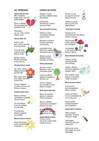 OS PRIMEIROS HAIKUS DE 2ºESO
Fátima García Piñón
Mar, claridade.
Auga, brillo, frescura,
tranquilidade.
Dores e bágoas,
alma ennegrecida,
corazóns rotos.
Felicidade:
cor, luz, vida, sorriso,
alegría, sons.
Sandra Bello Giz
Volve a vida:
azul, verde, vermello
fermosas flores.
A cor da vida,
natural e pura é.
Arbore verde.
Beleza, paixón,
Piruleta vermella,
Lume, tenrura.
Claudia Franco Lladró
Sol, calor, verde.
Alegre primavera,
Sorriso feliz.
Mar, auga, azul.
Ceo negro chuvioso,
Inverno frío.
Choros, bágoas,
un adeus á dura vida.
Choros, tristeza.
Andrea Cazás Chao
Nacen as flores,
sol brillante e grande,
días fermosos.
Cor da tristeza,
a cor da soidade.
Cor da noite.
O sufrimento,
desexo negativo:
escuridade.
Mireya Cabarcos Souto
Flores fermosas,
xente cantando feliz,
o sol ledo, ri.
Sangue, crueza,
guerras, maltrato,medo:
escuridade.
Imaxinando,
berrando ao mundo:
quero ser feliz!
Sara González Formoso
Paixón ou furia,
marmelada de fresa,
papel e lume.
Bosques e campos,
a brisa vespertina.
É primavera.
Liberdade e paz,
debuxos e redaccións,
Expresións de cor.
Minas e gomas,
afialapis, papel,
sombras ou brillos.
Patricia Bermúdez
Cor azul, verde...
Natureza, mar, ceo.
Fermosas cores.
Crecen as flores,
alegres os paxaros,
fermoso sol.
Choros, bágoas,
Cor morada na cara.
Morte e sangue.
Naim García Hermida
Bicos, sensacións,
abrazos, natureza.
Flores cantando.
Rancor, bágoas,
suspensos, aprobados:
broncas na casa.
Brincos, abrazos,
Verde, azul, vermello.
¡Explosións de cor!
Andrea Martínez Navó
Flores e cores,
hai verde, moito verde,
chega a chuvia.
Na lúa, na paz,
no papel e na nube.
Brancura pura.
Verdes ou azuis,
faros na túa cara.
Marabillosos.
Carla Barro Almeida
Corazón puro,
Vermellos grandes beizos
Paixón, loucura.
Días fermosos,
mañá esperanzada,
sol, claridade.
Feminidade
e mil rosas violetas
tenras e doces.
Brais Martínez Fernández
Árbores verdes,
natureza florida,
ceo nubrado.
Campo, árbores,
natureza, lagartos:
planeta Terra.
Dor, presión, dano,
bágoas e saloucos.
Triste sensación.
Mario Formoso Ramil
A primavera
todo desequilibra.
Quen o evita?
Verde no campo,
cor da omnipresencia,
a cor máis viva.
Escuro pesar,
castigo duradeiro,
dor verdadeira.
Daniel García Tembrás
Roza a lingua.
Vermello, amarelo,
Pequeno, longo.
Vida alegre.
Fermosa natureza.
Sabedoría.
Verde, moi verde.
Paz. Etapa de xogar.
Felicidade.
 
