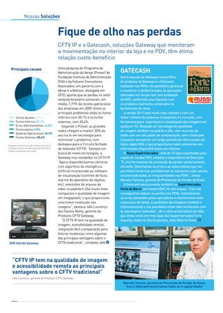 Principais causas 
DVR híbrido Gateway 
6 
Fique de olho nas perdas 
CFTV IP e o Gatecash, soluções Gateway que monitoram 
a movimentação no interior da loja e no PDV, têm ótima 
relação custo-benefício 
GATECASH 
Outra solução de destaque no portfólio 
de produtos da Gateway é o Gatecash. 
Instalado nos PDVs, ele possibilita gerenciar 
e monitorar à distância todas as operações 
efetuadas em tempo real com qualidade 
de DVD, conferindo seus tíquetes com 
os produtos realmente comprados no 
fechamento de caixa. 
A versão 2011 está muito mais robusta e com um 
maior número de sistemas compatíveis no mercado, com 
ferramenta para exportação e visualização das imagens em 
qualquer PC. Baseado em tecnologia de qualidade 
de imagem também no padrão h.264, com recursos de 
áudio com um alto poder de compactação, com o Gatecash 
é possível armazenar um longo período de informações em 
disco rígido (HD), o que proporciona maior autonomia nas 
informações disponibilizadas aos clientes. 
O Russi Supermercados, rede de 15 lojas espalhadas pela 
região de Jundiaí (SP), ressalta a importância do Gatecash. 
“É uma ferramenta de prevenção de perdas extremamente 
eficiente. Detectamos os erros e as ações lesivas que nos 
permitem tomarmos providências no momento e pós-evento, 
encontrando todas as irregularidades nos PDVs”, revela 
Marcelo Tavares, gerente de Prevenção de Perdas do Russi. 
O Gatecash está presente também no Supermercados 
Forte da Barra, em Santos (SP), há oito meses. “Com ele 
conseguimos reduzir as perdas nos PDVs, minimizamos 
os erros cometidos pelos operadores e monitoramos todo 
o processo de venda. A qualidade das imagens também é 
impressionante e nos possibilita evitar aborrecimentos com 
as abordagens indevidas”, diz o sócio-proprietário da rede, 
que ainda conta com três lojas dos Supermercados Forte 
Itapema, todas no litoral paulista, João Alberto Costa. 
Uma pesquisa do Programa de 
Administração do Varejo (Provar) da 
Fundação Instituto de Administração 
(FIA) e da Felisoni Consultores 
Associados, em parceria com a 
Abras e a Nielsen, divulgada em 
2010, aponta que as perdas no setor 
varejista brasileiro somaram, em 
média, 1,77% da receita operacional 
das empresas em 2009. Entre os 
principais problemas estão os furtos 
internos com 20,1% e os furtos 
externos, com 20,4%. 
Segundo o Provar, as grandes 
redes chegam a investir 30% do 
seu lucro em tecnologia para 
minimizar o problema, com 
destaque para o Circuito fechado 
de televisão (CFTV). Sempre em 
busca de novas tecnologias, a 
Gateway traz novidades no CFTV IP. 
“Agora disponibilizamos câmeras 
com algoritmo de inteligência 
artificial incorporado ao software 
de visualização (controle de fluxo, 
alarme de abandono de objetos, 
etc), extensões de arquivo de 
vídeo no padrão h.264 muito mais 
compactos e qualidade de imagem 
em megapixels, o que proporciona 
uma maior resolução nas 
imagens”, destaca Jafe Lourenço 
dos Santos Netto, gerente de 
Produtos CFTV Gateway. 
“O CFTV IP tem na qualidade de 
imagem, acessibilidade remota, 
integração fácil e preparação para 
futuras mudanças como algumas 
das principais vantagens sobre o 
CFTV tradicional”, completa Jafe. 
Outros Ajustes 5,2% 
Furtos Internos 20,1% 
Erros Administrativos 14,5% 
Fornecedores 9,0% 
Quebras Operacionais 30,9% 
Furtos Externos 20,4% 
“CFTV IP tem na qualidade de imagem 
e acessibilidade remota as principais 
vantagens sobre o CFTV tradicional” 
Marcelo Tavares, gerente de Prevenção de Perdas do Russi: 
“Com o Gatecash encontramos todas as irregularidades” 
Nossas Soluções 
Jafe Lourenço, gerente de Produtos CFTV Gateway 
Foto: Sylvia Masini 
Programa de Administração do Varejo (Provar) da 
Fundação Instituto de Administração (FIA-USP) e 
Felisoni Consultores Associados 
 