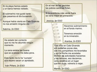 En la playa hemos estado               En el mar de las gaviotas
y un barco hemos visitado.             las pobres sardinas flotan.

El submarino nos gustó tanto           Si la posidonia más verde fuera
que pasamos el día buceando.           se vería mejor en primavera.

Aunque había viento en Cala Giverola   Jessica, 2n ESO
no nos arrastró ninguna ola.
                                                          Hacemos submarinismo
Sabrina, 2n ESO                                           en el fondo marino.

                                                          Tenemos emoción
                                                          en la inmersión.
 He estado tan contento
                                                           Arantxa, 2n ESO
 que no me he aburrido ningún
 momento.                                       Tres días en Cala Giverola
                                                son extrañas pocas olas.
 La cena estaba tan buena                       con mis compañeos me levantaba
 que se acabase me daba pena.                   y por la noche me acostaba
                                                Montón de actividades haciamos
 Esto tanto me lo he “currado”                  y los deberes, eso deciamos.
 que espero sacar un aprobado.                  corta estancia en un lugar
                                                que sin duda, volvería a viajar.
  Iván Piñero, 2n ESO
                                                Marwa, 2n ESO
 