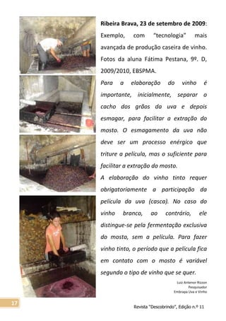 Revista “Descobrindo”, Edição n.º 11
17
Ribeira Brava, 23 de setembro de 2009:
Exemplo, com “tecnologia” mais
avançada de produção caseira de vinho.
Fotos da aluna Fátima Pestana, 9º. D,
2009/2010, EBSPMA.
Para a elaboração do vinho é
importante, inicialmente, separar o
cacho dos grãos da uva e depois
esmagar, para facilitar a extração do
mosto. O esmagamento da uva não
deve ser um processo enérgico que
triture a película, mas o suficiente para
facilitar a extração do mosto.
A elaboração do vinho tinto requer
obrigatoriamente a participação da
película da uva (casca). No caso do
vinho branco, ao contrário, ele
distingue-se pela fermentação exclusiva
do mosto, sem a película. Para fazer
vinho tinto, o período que a película fica
em contato com o mosto é variável
segundo o tipo de vinho que se quer.
Luiz Antenor Rizzon
Pesquisador
Embrapa Uva e Vinho
 