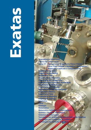 Exatas
Arquitetura e Urbanismo
Ciência da Computação
Curso 51 - Ingresso para: Engenharia Física | Física |
Física: Física Médica e Biomédica | Matemática |
Matemática Aplicada e Computacional
Engenharia Agrícola
Engenharia Ambiental
Engenharia Civil
Engenharia de Alimentos
Engenharia de Computação
Engenharia de Controle e Automação
Engenharia de Manufatura
Engenharia de Produção
Engenharia de Telecomunicações
Engenharia Elétrica
Engenharia Física
Engenharia Mecânica
Engenharia Química
Estatística
Física
Geologia
Matemática
Matemática Aplicada e Computacional
Química / Química Tecnológica
Sistemas de Informação
Tecnologia em Análise e Desenvolvimento de Sistemas
Tecnologia em Construção de Edifícios
Tecnologia em Controle Ambiental
 
