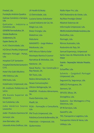 Fravizel,Lda.
FundaçãoAntónioQuadros
Galmax Comércio e Serviços,
Lda.
Galtrailer - Indústria e
Comércio,Lda.
GENERISFarmacêutica,SA.
GinásioBoaforma
Goldentrans,SA.
GyptecIberica,SA.
H.A.F. Electricidade, Lda.
H2ClimaLPeralta,Unipessoal
Hörmann Portugal - Portas,
Lda.
Hospital CUF Santarém
HospitalDistritaldeSantarém
E.P.E.
Hotel Vila Galé Albufeira
HRV Elétrica, Lda.
IHM Auto, Lda.
Instalmaior,Unipessoal,Lda.
IPL Instituto Politécnico de
Leiria
IPS Escola Superior de
Desporto
Ivo Cutelarias, Lda.
João Américo Soares
Levezinho
Jodel-ProdutosQuimicosSA
Jomarpi, Lda.
Jose Barradas, Lda.
LitosodisArtesGráficas,Lda.
LR Health & Beaty
LS Eletricidade, Lda.
Luciana Santos Solicitador
Lusical Indústria de Cal, SA.
Magic Lux, Lda.
Maior Energia, Lda.
Matelmor, Lda.
Matutano
MAXIARTE – Jorge Mateus
Medioeste, Lda.
MFS Moura Fábrica Solar
Montepio Rainha D Leonor
Narrativas & Melodias, Lda.
Natstone , SA.
Naval Rocha - Soc Construção e
Rep Navais, SA.
NH Trans, Lda.
Nobre Alimentação, SA.
Nowo Comunicações
Olitrém Refrigeração, SA.
PANPOR - Produtos Alimentares,
SA.
Paulo Eletricista, Lda.
Plasfil, SA.
PLSA - Formação e Consultoria,
Lda.
PM Truck Unipessoal, Lda.
PoliclínicaCentraldaBenedita,SA.
Potenciais – Unipessoal, Lda.
Quitermotos
Rádio Hiper Fm, Lda.
RDO Rodoviária do Oeste, Lda.
Re/Max Prestígio Global
Ribalnet Sistemas de
Informação Unipessoal, Lda.
RIMOLIndústriaMetalomecânica,Lda.
RioGráfica, Lda.
Riomagic, Lda.
Ritmos Ilustrados, Lda.
Rodoviária do Tejo, SA.
Samuel Esperança, Unipessoal
Santa Casa da Misericórdia de Rio
Maior
Scanrio - Reparações Veículos Pesados,
Lda.
Schaeffler, Lda.
Schmitz - Cargobull Portugal
Unipessoal, Lda.
Segurant Eq. Segurança, Lda.
SIBELCO Portuguesa, SA.
Siemens, SA.
SIFUCEL Silicas, SA.
Sinergética, Lda.
Soatomo - Soc Montagens e Proj.
Eléctricos, Lda.
SP IN Serviços, Lda.
SweetFit, Lda.
TIEL Transporte e Logística, Lda.
Transportes Vieira & Vacas, Lda.
Utiltejo, Lda.
 