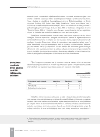 SILVA, Rafael Rodrigues da
REVISTA DA ABEM | Londrina | v.20 | n.27 | 93-104 | jan.jun 201298
históricas, como a divisão entre Império Romano oriental e ocidental; a divisão da Igreja Cristã
oriental e ocidental; a oposição entre o Ocidente judaico-cristão e o Oriente como muçulmano,
hindu e budista; e a divisão da Europa pós-guerra entre o Ocidente capitalista e o Oriente
comunista (Schilling, 2006; Shohat; Stam, 2006). Dessa forma, “nem o termo ‘Oriente’ nem o
conceito de ‘Ocidente’ têm estabilidade ontológica: ambos são constituídos de esforço humano –
parte afirmação, parte identificação do Outro” (Said, 2007, p. 13). Dada a ambiguidade do termo
“Ocidente”, Xavier (2006, p. 11) o define como “Europa e seus prolongamentos ‘bem sucedidos’,
ou seja, as potências que administram e expandem muito bem o seu legado”.
Dessa forma, nossos consumos musicais, assim como outros consumos, se dão sim em
condições históricas específicas e dialogam com modelos e critérios de legitimidade musical
construídos historicamente; no entanto, isso não equivale a dizer que a juventude consome tudo
que lhes é “imposto”. Discursos em defesa de nossos jovens que, suscetíveis a tudo o que “a
mídia” lhes oferece, compram as roupas do astro do momento e ouvem músicas “impostas”
por uma indústria cultural que só valoriza o que é efêmero têm encontrado grande aceitação
ultimamente entre aqueles que criticam as práticas culturais jovens na contemporaneidade. No
entanto, os dados levantados nas entrevistas e observações realizadas em campo parecem dar
sinais do protagonismo desses jovens na escolha de seus consumos musicais.
Quando perguntados sobre o que os faz gostar dessa ou daquela música as respostas
são sempre compostas de mais de um fator. O quadro abaixo aponta a frequência com que cada
critério é citado nas respostas no geral e de acordo com o sexo do entrevistado:
A letra foi o critério mais citado (sete vezes, ao todo) e é aquele do qual se tem descrições
mais precisas, o que era de se esperar, considerando nossa dificuldade em descrever em palavras
aspectos como ritmo e estilo/clima da música, e pela clara predominância de uma preferência
por canções em vez da chamada música instrumental.9
É comum que músicos saibam descrever
aspectos como esses com maior precisão, fazendo uso de conceitos próprios do campo da
análise musical ou de uma terminologia da área, muito pouco acessíveis a esses jovens. É
9. O único gênero citado que poderia se enquadrar, em alguns casos, no que chamamos aqui de música instrumental
(ou seja, música que não tem em sua formação cantor solista cujo canto está associado a uma letra), é a música
eletrônica.
consumos
musicais
entre jovens
do CAP:
rabiscando
análises
QUADRO 1
Critérios de gosto musical,
distribuídos por sexo.
Critérios de gosto musical		 Masculino	 Feminino 	 Total
Letra				 3		 4		 7
Ritmo/batida 			 3		 3		 6
Estilo/jeito/clima da música 		 1		 3		 4
 