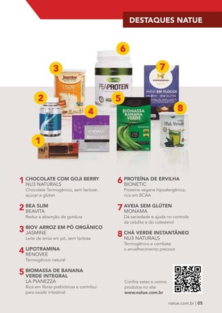 DESTAQUES NATUE 
natue.com.br | 05 
CHOCOLATE COM GOJI BERRY 
NU3 NATURALS 
Chocolate Termogênico, sem lactose, 
açúcar e glúten 
BEA SLIM 
BEAVITA 
Reduz a absorção de gordura 
BIOV ARROZ EM PÓ ORGÂNICO 
JASMINE 
Leite de arroz em pó, sem lactose 
LIPOTRAMINA 
RENOVEE 
Termogênico natural 
BIOMASSA DE BANANA 
VERDE INTEGRAL 
LA PIANEZZA 
Rica em fibras prebióticas e contribui 
para saúde intestinal 
PROTEÍNA DE ERVILHA 
BIONETIC 
Proteína vegana hipoalergênica, 
rica em BCAA 
AVEIA SEM GLÚTEN 
MONAMA 
Dá saciedade e ajuda no controle 
da celulite e do colesterol 
CHÁ VERDE INSTANTÂNEO 
NU3 NATURALS 
Termogênico e combate 
o envelhecimento precoce 
1 6 
2 7 
3 8 
4 
5 
Confira estes e outros 
produtos no site 
www.natue.com.br 
1 / 1 
 