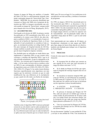 9
Aunque el ataque de Wang era analítico, el tamaño
del hash (128 bits) es suficientemente pequeño para
poder contemplar ataques de ‘fuerza bruta’ tipo ‘cum-
pleaños’. MD5CRK era un proyecto distribuido que
comenzó en Marzo del 2004 con el propósito de de-
mostrar que MD5 es inseguro encontrando una coli-
sión usando un ataque de ‘fuerza bruta’, aunque acabó
poco después del aviso de Wang. (Kriptopolis, 2015).
1.2	 ALGORITMO SHA
Está basado en la técnica de MD5, la primera versión
fue publicado en 1993 renombrado como SHA, en la
actualidad se lo conoce como SHA-0, dos años des-
pués se publicó el SHA-1, es considerado el mejor al-
goritmo de la familia de Algoritmos Hash, es el más
aplicable el cual actualmente se considera el más se-
guro, su encriptación produce un código hash de 160
bits para mensajes de longitud máxima de 264 bits,
aunque también se puede notar que se producen códi-
gos de mayor longitud en algunas variantes.
Fue diseñado para ser utilizados en modo básico que
implementa el algoritmo DSA ya que existen cinco
versiones o variantes del algoritmo SHA-1 que es el
más utilizado actualmente ya que la criptografía es de
160 bits y las versiones que lo siguieron fueron mejo-
radas y en las cuales tuvieron nuevos nombres como
ser SHA-2y que corresponden al distintos conjuntos
de algoritmos como ser el SHA-224, SHA-255, SHA-
384 y SHA-512, (Figura 3). las cueles tienen distintas
funciones específicamente estos algoritmos son más
seguros que las anteriores versiones ya que en cada
modificación hay una diferencia en la encriptación
ya que a partir de ello todos son fáciles de encriptar.
Figura 3. Se muestra el algoritmo funcional.
Fuente. (www.google.com,2017)
También como el algoritmo MD5 el proceso principal
consta de un ciclo dentro cual en cada encriptación se
procesan 512 bits del mensaje o información de entra-
da. Una diferencia para notar que en cada encriptación
se aplica una nueva función que no es lineal como en
MD5, pero 20 veces en lugar 16. Las condiciones en la
encriptación son más sencillas y similares al momento
de programar.
En 1998, un ataque a SHA-0 fue encontrado pero no
fue reconocido para SHA-1, se desconoce si fue la
NSAquien lo descubrió pero aumentó la seguridad del
SHA-1.SHA-1 ha sido examinado muy de cerca por la
comunidad criptográfica pública, y no se ha encontra-
do ningún ataque efectivo; en todos los aspectos son
de vulnerabilidad esto ha planteado dudas sobre la
seguridad a largo plazo de SHA-1 y por lo cual serán
más seguros.
Está representada por una cadena de 40 dígitos en
hexadecimal, claramente es más seguro que MD5,
pero bajo ataque de fuerza bruta deja de ser efectivo,
también está diseñado para trabajar con el Algoritmo
de Firma Digital.
1.2.1	 PROCESO
Consta de cinco pasos los actuales se explican a con-
tinuación:
•	 Se incorpora bits de relleno que consiste en
uno seguido de los ceros que sean necesarios el
rango de relleno está entre 1 a 512.
•	 Se le añade un bloque de 64 bits que repre-
senta la longitud del mensaje original antes de ser
rellenado.
•	 Se inicializa la memoria temporal MD, que
costa de 160 bits, la cual almacena los resultados.
La MD consta de 5 registros (A, B, C, D, E) de 32
bits cada uno, los valores con los que se inicializan
son las siguientes (valores hexadecimales):
•	 A: 67452301	 B: EFCDAB8
C: 98BADCFED: 10325476	 E: C3D2E1F0
•	 Se procesa el mensaje por bloques de 510
bits, cada uno pasa por un módulo que consta de
cuatro rondas de procesamiento de 20 pasos cada
una. Las rondas tienen una estructura similar, con
la excepción de que cada una ocupa una función
lógica primitiva diferente (F1, F2, F3 y F4).
•	 Una vez se procesan los bloques de 510 bits,
el resumen del mensaje son los 160 bits de salida
del último bloque.
En este documento “palabra” es una entidad de 32 bits
y un byte es una entidad de 8 bits. Una secuencia de
 
