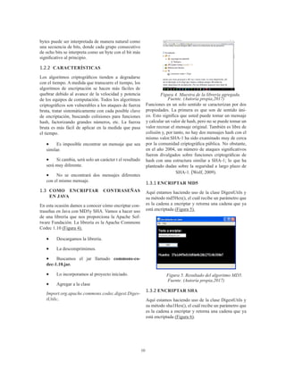 10
bytes puede ser interpretada de manera natural como
una secuencia de bits, donde cada grupo consecutivo
de ocho bits se interpreta como un byte con el bit más
significativo al principio.
1.2.2	 CARACTERÍSTICAS
Los algoritmos criptográficos tienden a degradarse
con el tiempo. A medida que transcurre el tiempo, los
algoritmos de encriptación se hacen más fáciles de
quebrar debido al avance de la velocidad y potencia
de los equipos de computación. Todos los algoritmos
criptográficos son vulnerables a los ataques de fuerza
bruta, tratar sistemáticamente con cada posible clave
de encriptación, buscando colisiones para funciones
hash, factorizando grandes números, etc. La fuerza
bruta es más fácil de aplicar en la medida que pasa
el tiempo.
•	 Es imposible encontrar un mensaje que sea
similar.
•	 Si cambia, será solo un carácter t el resultado
será muy diferente.
•	 No se encontrará dos mensajes diferentes
con el mismo mensaje.
1.3	 COMO ENCRIPTAR CONTRASEÑAS
EN JAVA
En esta ocasión damos a conocer cómo encriptar con-
traseñas en Java con MD5y SHA. Vamos a hacer uso
de una librería que nos proporciona la Apache Sof-
tware Fundación. La librería es la Apache Commons
Codec 1.10 (Figura 4).
•	 Descargamos la librería.
•	 La descomprimimos.
•	 Buscamos el jar llamado commons-co-
dec-1.10.jar.
•	 Lo incorporamos al proyecto iniciado.
•	 Agregar a la clase
Import.org.apache.commons.codec.digest.Diges-
tUtils;.
Figura 4. Muestra de la librería agregada.
Fuente. (Autoría propia,2017)
Funciones en un solo sentido se caracterizan por dos
propiedades. La primera es que son de sentido úni-
co. Esto significa que usted puede tomar un mensaje
y calcular un valor de hash, pero no se puede tomar un
valor recrear el mensaje original. También es libre de
colisión y, por tanto, no hay dos mensajes hash con el
mismo valor.SHA‐1 ha sido examinado muy de cerca
por la comunidad criptográfica pública. No obstante,
en el año 2004, un número de ataques significativos
fueron divulgados sobre funciones criptográficas de
hash con una estructura similar a SHA‐1; lo que ha
planteado dudas sobre la seguridad a largo plazo de
SHA‐1. (Wolf, 2009).
1.3.1 ENCRIPTAR MD5
Aquí estamos haciendo uso de la clase DigestUtils y
su método md5Hex(), el cuál recibe un parámetro que
es la cadena a encriptar y retorna una cadena que ya
está encriptada (Figura 5).
Figura 5. Resultado del algoritmo MD5.
Fuente. (Autoría propia,2017)
1.3.2 ENCRIPTAR SHA
Aquí estamos haciendo uso de la clase DigestUtils y
su método sha1Hex(), el cuál recibe un parámetro que
es la cadena a encriptar y retorna una cadena que ya
está encriptada (Figura 6).
 