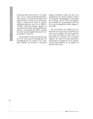 2014 / Volumen 4, No. 3
MedicinaVeterinariayZootecnia
ÓrganoInformativodelaAcademiaColombianadeCienciasVeterinarias
MedicinaVeterinariayZootecnia
ÓrganoInformativodelaAcademiaColombianadeCienciasVeterinarias
MedicinaVeterinariayZootecnia
ÓrganoInformativodelaAcademiaColombianadeCienciasVeterinarias
MedicinaVeterinariayZootecnia
ÓrganoInformativodelaAcademiaColombianadeCienciasVeterinarias
58
la tasa de infección fue de 2.7% casos/
año (4.1% casos/corregimiento/año).
Esta región se encuentra situada en la
región norte y centro de la provincia.
Aquí, el número de casos se mostró
significativamente alto en el 2004 y
el 2007. Todos los demás registros se
mantuvieron dentro del promedio es-
perado, a excepción del 2005, cuando
las tasas fueron significativamente ba-
jas (figura 3, Zona II).
Ya en la ZIII, la tasa de infección fue
de 1.3%. Esta zona es formada por los
corregimientos de Ancón, Las Cum-
bres (región sur-sureste) y Tocumen
(región Central). A pesar de ser el co-
rregimiento de Ancón donde se ubica
el Complejo Hospitalario Veterinario
del Corozal, solo en 2013 fue registra-
do el problema, alcanzando el 25% de
los casos/corregimiento/año (figura 3,
Zona III).
De esta forma, se confirma la in-
dicación de una mayor frecuencia de
casos en la región este de la provin-
cia, citada por Pérez y otros [10], y se
demuestra su relación con el mayor
registro de casos en años anteriores,
reforzando la hipótesis de la disemi-
nación del problema, en la región, en
sentido este-oeste.
 