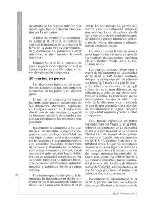 2014 / Volumen 4, No. 3
MedicinaVeterinariayZootecnia
ÓrganoInformativodelaAcademiaColombianadeCienciasVeterinarias
MedicinaVeterinariayZootecnia
ÓrganoInformativodelaAcademiaColombianadeCienciasVeterinarias
MedicinaVeterinariayZootecnia
ÓrganoInformativodelaAcademiaColombianadeCienciasVeterinarias
MedicinaVeterinariayZootecnia
ÓrganoInformativodelaAcademiaColombianadeCienciasVeterinarias
MedicinaVeterinariayZootecnia
ÓrganoInformativodelaAcademiaColombianadeCienciasVeterinarias
MedicinaVeterinariayZootecnia
ÓrganoInformativodelaAcademiaColombianadeCienciasVeterinarias
MedicinaVeterinariayZootecnia
ÓrganoInformativodelaAcademiaColombianadeCienciasVeterinarias
MedicinaVeterinariayZootecnia
ÓrganoInformativodelaAcademiaColombianadeCienciasVeterinarias
MedicinaVeterinariayZootecnia
ÓrganoInformativodelaAcademiaColombianadeCienciasVeterinarias
MedicinaVeterinariayZootecnia
ÓrganoInformativodelaAcademiaColombianadeCienciasVeterinarias
MedicinaVeterinariayZootecnia
ÓrganoInformativodelaAcademiaColombianadeCienciasVeterinarias
MedicinaVeterinariayZootecnia
ÓrganoInformativodelaAcademiaColombianadeCienciasVeterinarias
MedicinaVeterinariayZootecnia
ÓrganoInformativodelaAcademiaColombianadeCienciasVeterinarias
MedicinaVeterinariayZootecnia
ÓrganoInformativodelaAcademiaColombianadeCienciasVeterinarias
MedicinaVeterinariayZootecnia
ÓrganoInformativodelaAcademiaColombianadeCienciasVeterinarias
MedicinaVeterinariayZootecnia
ÓrganoInformativodelaAcademiaColombianadeCienciasVeterinarias
80
desarrollo de los órganos internos y la
morfología hepática fueron bloquea-
dos por la silimarina.
A nivel de promotor de crecimien-
to Kalantar M, et al 2014, demostra-
ron que la inclusión de la silimarina al
0.5% en la dieta mejora el rendimien-
to y disminuye los patógenos a nivel
intestinal, es decir mejoran la salud
intestinal.
Dumari M, et al 2014, también en
pollos reporta efectos protectores de la
silimarina frente a la aflatoxina, a tra-
vés de valoración bioquímica.
Silimarina en perros
Las afecciones hepáticas, de acuer-
do con algunos colegas, son bastantes
frecuentes en los perros y en algunos
gatos.
El uso de la silimarina ha tenido
bastante auge para el tratamiento de
las diferentes afecciones hepáticas;
en Europa como en los Estados Uni-
dos el uso de este compuesto vegetal
es bastante común y de acuerdo a los
colegas veterinarios los resultados son
positivos.
Igualmente la silimarina se ha usa-
do en el tratamiento de algunos com-
puestos que producen toxicidad en
este órgano, como es el acetaminofén,
las tetraciclinas y experimentalmente
con amanita phalloides tetracloruro
de carbono y Doxorubicin. La Silima-
rina es frecuentemente utilizada en el
manejo de enfermedades hepato-bilia-
res, por su capacidad antioxidante, por
su acción barredora de radicales libres,
y su capacidad antifibrotica, antiinfla-
matoria y antitóxica frente a ciertos
tóxicos.
En el caso específico del perro, la si-
limarina ha demostrado su efecto pro-
tector frente al tetracloruro de carbono
desde hace varios años (Martín R. et al
1984). En este trabajo los perros (20)
fueron experimentalmente intoxica-
dos con tetracloruro de carbono (4 ml/
kg) y fueron tratados posteriormente,
de acuerdo a grupos formados, con ci-
trato de colina, silimarina y silimari-
namás citrato de colina.
En estos animales la intoxicación a
nivel hepático fue valorada a través de
las enzimas alanina amino trasferasa
(ALAT), alcalino fosfata (SAP), la bili-
rrubina sérica.
Los efectos tóxicos, observados a
través de los aumentos en la actividad
de la ALAT y SAP, fueron controla-
dos por la administración de silimari-
na(16mg/kg 2 veces / día por 10 días),
y los efectos adicionales de agregar
colina, no mostraron diferencias sig-
nificativas, a pesar de un efecto posi-
tivo de la colina. La conclusión de los
investigadores fue que la administra-
ción de la silimarina sola o asociada
es una terapia adecuada para este tipo
de intoxicación y el hígado recupera
su capacidad orgánica gracias a estos
compuestos.
Otro trabajo específico en perros
fue publicado por Vogel G, et al 1984,
sobre el uso protector de la silimarina
frente a la intoxicación de la Amanita
Phalloides. Este hongo afecta princi-
palmente el hígado, con incrementos
en GOT, GPT, alcalino fosfatasa y bi-
lirrubina sérica. Los perros no tratados
murieron de coma hepático entre 35 a
54 horas posterior a la administración
del hongo, mientras los animales tra-
tados con silimarina sobrevivieron y
sus valores enzimáticos fueron norma-
les al noveno día. La dosis de silimari-
na fue de 50mg/kg, administradas a las
5 y 24 horas posteriores al inicio de la
intoxicación, vía intravenosa.
Recientemente, Mosallanejab B, et
al 2012, público un informe sobre los
efectos profilácticos y terapéuticos de
 