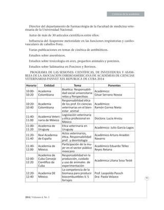 EnsayosEnsayosEnsayosEnsayosEnsayosEnsayosEnsayosEnsayosEnsayosEnsayosEnsayosEnsayosEnsayosEnsayosEnsayosEnsayosEnsayosEnsayosEnsayosEnsayosEnsayosEnsayosEnsayosEnsayosEnsayosEnsayosEnsayosEnsayosEnsayosEnsayosEnsayosEnsayosEnsayosEnsayosEnsayosEnsayosEnsayosEnsayosEnsayosEnsayosEnsayosEnsayosEnsayosEnsayosEnsayosEnsayosEnsayosEnsayosEnsayosEnsayosEnsayosEnsayosEnsayosEnsayosEnsayosEnsayosEnsayosEnsayosEnsayosEnsayosEnsayosEnsayosEnsayosEnsayosEnsayosEnsayosEnsayosEnsayosEnsayosEnsayosEnsayosEnsayosEnsayosEnsayosEnsayosEnsayosEnsayosEnsayosEnsayosEnsayosEnsayosEnsayosEnsayosEnsayosEnsayosEnsayosEnsayosEnsayosEnsayosEnsayosEnsayosEnsayosEnsayosEnsayosEnsayosEnsayosEnsayosEnsayosEnsayosEnsayosEnsayosEnsayosEnsayosEnsayosEnsayosEnsayosEnsayosEnsayosEnsayosEnsayosEnsayosEnsayosEnsayosEnsayosEnsayosEnsayosEnsayosEnsayosEnsayosEnsayosEnsayosEnsayosEnsayosEnsayosEnsayosEnsayosEnsayosCrónicas de la academia
91
2014 / Volumen 4, No. 3
Director del departamento de Farmacología de la Facultad de medicina vete-
rinaria de la Universidad Nacional.
Autor de más de 30 artículos científicos entre ellos:
Influencia del Azaperone metonidate en las funciones respiratorias y cardio-
vasculares de caballos Pony.
Varias publicaciones en temas de cinética de antibióticos.
Estudios sobre anestésicos.
Estudios sobre toxicología en aves, pequeños animales y porcinos.
Estudios sobre Salimarina en Porcinos y Bovinos.
PROGRAMA DE LAS SESIONES: CIENTÍFICAS, DE INVESTIDURA Y ASAM-
BLEA DE LA ASOCIACIÓN DIBEROAMERICANA DE ACADEMIAS DE CIENCIAS
VETERINARIAS PANVET XIX REPUBLICA DE CUBA 2014
Horario Entidad Tema Ponentes
10:00-
10:20
Academia
Colombiana
Bioética: Responsabili-
dad social universitaria:
retos y Perspectivas
Académico:
César Serrano Novoa
10:20-
10:40
Academia
Colombiana
Responsabilidad ética
de los prof. En ciencias
veterinarias en el bien-
estar animal
Académico:
Ramón Correa Nieto
11:40-
11:00
Academia Veteri-
naria de México
Legislación veterinaria
y ética profesional en
México
Doctora: Lucía Arvizu
11:00-
11:20
Academia de
Uruguay
Etica veterinaria en
Uruguay
Académico: Julio García Lagos
11:20-
11:40
Real Academia
de España
Actos veterinarios,
ética. Responsabilidad
prof. y deontología
Académico Arturo Anadón
Navarro
11:40-
12.00
Academia de
México
Participación de la mu-
jer en el sector público
mexicano
Académico Eduardo Téllez
Reyes Retana
12:00-
12:20
Academia de
Cuba Consejo
Científico de
Cuba
Responsabilidad en la
producción, cuidado
y uso de animales de
experimentación
Académica Liliana Sosa Testé
12:20-
12:40
Academia DE
México
La competencia de la
biomasa para producir
biocombustibles V. S
forrajes
Prof. Leopoldo Passch
Dra: Paola Velazco
 