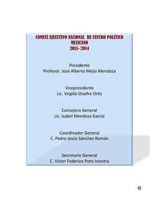 COMITÉ EJECUTIVO NACIONAL DE CENTRO POLÍTICO
MEXICANO
2011- 2014
	
  	
  
	
  
Presidente	
  
Profesor.	
  José	
  Alberto	
  Mejía	
  Mendoza	
  
	
  
	
  
Vicepresidente	
  
Lic.	
  Virgilio	
  Onofre	
  Or>z	
  
	
  
	
  
Consejero	
  General	
  
Lic.	
  Isabel	
  Mendoza	
  García	
  
	
  	
  
	
  
Coordinador	
  General	
  
C.	
  Pedro	
  Jesús	
  Sánchez	
  Román	
  
	
  	
  
	
  
Secretario	
  General	
  
C.	
  Víctor	
  Federico	
  Pons	
  Iniestra	
  
12
 