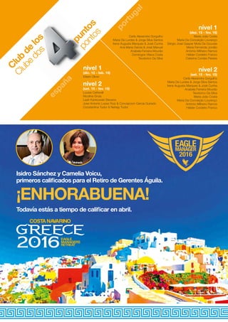 ¡ENHORABUENA!
Isidro Sánchez y Camelia Voicu,
primeros calificados para el Retiro de Gerentes Águila.
Todavía estás a tiempo de calificar en abril.
españa
portugal
nivel 2
(set. 15 - fev. 15)
Louise Catterall
Nicolina Gruia
Leah Kankowski Stevens
Jose Antonio Lopez Ruiz & Concepcion Garcia Guirado
Constantina Tudor & Nehejy Tudor
nível 1
(dez. 15 - fev. 16)
Carla Alexandra Gorgulho
Maria De Lurdes & Jorge Silva Santos
Irene Augusta Marques & José Cunha
Ana Maria Garcia & José Manuel
Anabela Ferreira Mourão
Domingos Vilaca Costa
Teodorico Da Silva
Maria João Costa
Maria Da Conceição Lourenço
Sérgio José Gaspar Mota De Gouveia
Maria Fernanda Jordão
António Milheiro Ramos
Hélder Cordeiro Franco
Catarina Cordas Pereira
nivel 1
(dic. 15 - feb. 16)
Eileen Oliver
nível 2
(set. 15 - fev. 15)
Carla Alexandra Gorgulho
Maria De Lurdes & Jorge Silva Santos
Irene Augusta Marques & José Cunha
Anabela Ferreira Mourão
Teodorico Da Silva
Maria João Costa
Maria Da Conceição Lourenço
António Milheiro Ramos
Hélder Cordeiro Franco
 