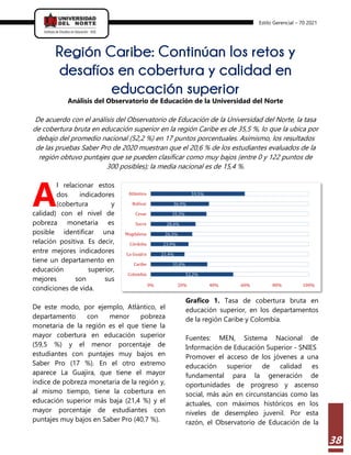 Estilo Gerencial – 70 2021
38
Región Caribe: Continúan los retos y
desafíos en cobertura y calidad en
educación superior
Análisis del Observatorio de Educación de la Universidad del Norte
De acuerdo con el análisis del Observatorio de Educación de la Universidad del Norte, la tasa
de cobertura bruta en educación superior en la región Caribe es de 35,5 %, lo que la ubica por
debajo del promedio nacional (52,2 %) en 17 puntos porcentuales. Asimismo, los resultados
de las pruebas Saber Pro de 2020 muestran que el 20,6 % de los estudiantes evaluados de la
región obtuvo puntajes que se pueden clasificar como muy bajos (entre 0 y 122 puntos de
300 posibles); la media nacional es de 15,4 %.
l relacionar estos
dos indicadores
(cobertura y
calidad) con el nivel de
pobreza monetaria es
posible identificar una
relación positiva. Es decir,
entre mejores indicadores
tiene un departamento en
educación superior,
mejores son sus
condiciones de vida.
De este modo, por ejemplo, Atlántico, el
departamento con menor pobreza
monetaria de la región es el que tiene la
mayor cobertura en educación superior
(59,5 %) y el menor porcentaje de
estudiantes con puntajes muy bajos en
Saber Pro (17 %). En el otro extremo
aparece La Guajira, que tiene el mayor
índice de pobreza monetaria de la región y,
al mismo tiempo, tiene la cobertura en
educación superior más baja (21,4 %) y el
mayor porcentaje de estudiantes con
puntajes muy bajos en Saber Pro (40,7 %).
Grafico 1. Tasa de cobertura bruta en
educación superior, en los departamentos
de la región Caribe y Colombia.
Fuentes: MEN, Sistema Nacional de
Información de Educación Superior - SNIES
Promover el acceso de los jóvenes a una
educación superior de calidad es
fundamental para la generación de
oportunidades de progreso y ascenso
social, más aún en circunstancias como las
actuales, con máximos históricos en los
niveles de desempleo juvenil. Por esta
razón, el Observatorio de Educación de la
A
52,2%
35,8%
21,4%
23,9%
26,3%
28,4%
35,3%
36,9%
59,5%
0% 20% 40% 60% 80% 100%
Colombia
Caribe
La Guajira
Córdoba
Magdalena
Sucre
Cesar
Bolívar
Atlántico
 