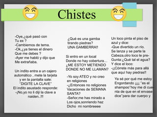 Chistes
-Oye,¿qué pasó con
Tu ex ?
-Cambiemos de tema.
-Ok,¿ya tienes el dinero
Que me debes ?
-Ayer me habló y dijo que
Me extrañaba.
Un indito entra a un cajero
automático , mete la tarjeta
y en la pantalla sale:
‘’DIGITE LA CLAVE’’
El indito asustado responde:
-¡No,yo no li diji la clave a
naiden..!!!
¿Qué es una gamba
tirando piedras?
UNA GAMBERRA!!
Si entro en un local
Donde no hay cobertura…
¿ME ESTOY METIENDO
DONDE NO ME LLAMAN?
-Yo soy ATEO y no creo
en religiones
-¿Entonces no religiones
Vacaciones de SEMANA
SANTA?
-Señor,me has mirado a
Los ojos,sonriendo haz
Dicho mi nombreeee
Un loco pinta el piso de
azul y dice:
-Que divertido un río.
Se lanza y se parte la
Cabeza,otro loco le pre-
Gunta:¿Qué tal el agua?
Y dice el loco:
-¡¡Córrete más para allá
que aquí hay piedras!!
Ya sé por qué me estoy
Engordando ¡¡¡¡ ‘’es el
shampoo’’hoy me di cue-
nta de que en el envase
dice’’para dar cuerpo y
 