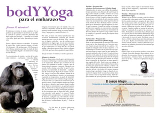 b o padra eYl emYbaroazoga 
¿Tienes 15 minutos? ninguna circunstancia que se lo impida. Así, si el 
El embarazo te invita, te incita a cuidarte. Yo no 
perdería la oportunidad. Conviértelo en un hábi-to 
¡cuida de ti! ¡ámate! ¡conócete! ¡disfrútate! Un 
buen regalo para tus hijos… Aprender es recordar 
y los niños, igual que todos, aprenden por imita-ción. 
Vamos a fijarnos objetivos realizables. 15 minutos 
de yoga al día: 3 para conectar contigo y el bebé, 
3 de torsiones, 3 de inclinaciones, 3 de flexiones y 
los 3 últimos minutos para fijar el estado de bien-estar 
al que habrás llegado y así mantenerlo contigo 
el resto del día. 
‘Los movimientos de torsión – acción de los mús-culos 
rotadores -, inclinación – músculos abduc-tores 
- y flexión 
– músculos ex-tensores 
y flexo-res 
-, los rea-liza 
el ser 
humano 
de forma 
innata 
cuan-do 
no 
hay 
entorno es favorable, el bebé de forma espontánea 
primero rueda (torsión), luego se arrastra (inclina-ción) 
y luego gatea y camina (flexión). (1) 
Por tanto, al hacer esta rutina reproducimos una 
secuencia absolutamente conocida por nuestro 
sistema nervioso y por el del bebé. Esto - mover-nos 
en lugares conocidos - nos da confianza para 
adentrarnos en lugares que no son tan conocidos. 
Hacerlo con el nivel de atención sugerido, superior 
al que mantenemos a lo largo del día, nos puede 
ayudar a descubrir aspectos muy valiosos, propios 
y del bebé que hasta ahora pasaban desapercibidos. 
Así que si tienes 15 minutos, te invito a practicar. 
Siéntete y siéntelo 
Ponte en una postura cómoda que te permita poner 
las manos en la barriga y comienza a poner atención 
en tu respiración. Permite que el contacto de tus 
manos vaya relajando el vientre y espera a que de 
forma natural comience a moverse. Mientras esto 
sucede, dedica tiempo a percibir tu piel: la tem-peratura, 
la elasticidad, la humedad… cualquier 
tipo de sensación que llegue de tu vientre a las ma-nos. 
Luego ve un poco más adentro. Debajo de tu 
piel está la musculatura, siéntela: su movimiento 
o quietud, su temperatura, su grado de humedad. 
Sigue ahí mientras estés cómoda y luego sumérge-te 
un poco más y ve a buscar las sensaciones que te 
aporta tu útero, olvida cualquier imagen que tengas 
de un útero y siéntelo: ¿qué espacio ocupa? ¿cuánto 
pesa? Siente su movimiento o su quietud, paséate 
fuera y dentro de él, deja que lleguen las sensacio-nes. 
Sin casi darte cuenta te encontrarás percibien-do 
las sensaciones que te llegan del bebé: ¿dónde 
está colocado? ¿está quieto o se mueve? Puedes 
también sentir su temperatura, su forma de estar o 
de moverse, cualquier cosa, solo siéntelo y sin de-jar 
de hacerlo integra las sensaciones que provie-nen 
del útero, la musculatura, la piel y… todo tu 
cuerpo. 
Torsión – Preparación 
a Jathara Parivarttanasana I (Hatha Yoga) 
Tumbada sobre el suelo, con rodillas flexionadas y 
los pies apoyados a una distancia de la pelvis que te 
haga sentir cómoda y estable, céntrate en la zona 
pélvica sintiéndola por fuera y por dentro, en su in-terior 
el útero y el bebé. Empieza a bajar las rodillas 
hacia un lado acercándolas al suelo mientras sientes 
cómo este movimiento hace rodar la pelvis sobre el 
suelo, dentro de ella se deslizan el útero y el bebé, 
igual que se deslizaría el agua al balancear el cuen-co 
que la contiene. Cuando las rodillas se detengan 
quédate unos segundos en esta posición, esperando 
a que el útero y el bebé terminen su movimiento de 
descenso dentro de la pelvis. Luego vuelve a llevar 
las rodillas a la posición central para bajarlas hacia 
el otro lado. 
Inclinación – Preparación 
a la Utthita Trikonasana (Hatha Yoga) 
Ponte en pie manteniendo la atención en las sensa-ciones 
que se han despertado en el ejercicio ante-rior. 
Separa tus pies más allá de tus caderas – for-mando 
un triángulo entre los pies y la pelvis - y ve 
trasladando la conciencia de tu pelvis hacia las pier-nas 
hasta llegar a sentir como tus pies quedan fir-memente 
apoyados sobre el suelo. Levanta tu brazo 
derecho con la palma de la mano mirando hacia la 
izquierda y lleva tu atención al pie derecho. Empuja 
el suelo con el pie derecho para inclinar tu cuerpo 
hacia la izquierda, de forma que tu mano apunte a 
una esquina del techo. Siente como ese empuje va 
subiendo por la pierna, atravesando los huesos hasta 
la pelvis para pasar hacia la columna, el brazo y la 
mano. Disfruta del estiramiento de todo el costado 
derecho, del pie a los dedos de la mano, mientras 
respiras largo y profundo. Luego ve dejando la sen-sación 
de empuje desde la mano hacia abajo hasta 
que vuelvas a estar en la posición neutra, donde de-jarás 
también de ejercer presión con el pie derecho 
hacia el suelo. Ahora repite el movimiento levan-tando 
el brazo izquierdo y empezando el empuje 
desde el pie izquierdo. 
Flexión – Flexiones de columna 
(Kundalini Yoga) 
Siéntate con las piernas cruzadas, sobre los talones 
o en una silla, como mejor estés. Pon tus manos so-bre 
los muslos mientras te aseguras de que el peso 
del cuerpo reposa sobre los isquiones. Reconecta 
con la imagen del cuenco lleno de agua para co-menzar 
a balancear tu pelvis, ahora de delante ha-cia 
atrás. Cuando tu pubis se acerque al suelo per-cibirás 
el contenido de tu pelvis, las vísceras y el 
bebé, deslizándose suavemente hacia delante para 
ir a reposar sobre la musculatura abdominal, luego 
tu pelvis se balanceará subiendo el pubis del suelo 
y acercando el cóccix al suelo. Percibirás como el 
útero y el bebé resbalan hacia atrás buscando apoyo 
en el sacro. Repite el movimiento tantas veces te 
sientas cómoda. Hazlo y tómate la libertad de per-manecer 
en cualquier posición del movimiento que 
necesites disfrutar. 
Saborea 
Déjate sentir en qué posición prefieres estar ahora 
y tómala. Pasa unos minutos observándote: la res-piración, 
las sensaciones físicas, los pensamientos, 
las emociones... Dentro y fuera. Y antes de conti-nuar 
con tu día… toma tres respiraciones largas y 
profundas. 
Tere Puig 
Profesora de yoga para embarazo y crianza 
yoganyc@yahoo.es 
El cuerpo íntegro por Jader Tolja 
Formación en Anatomía Experiencial para practicantes y profesores de yoga 
Conocer el cuerpo, como tal y en 
movimiento, es de gran importancia para 
disfrutar al máximo de los beneficios 
de cualquier técnica corporal, y hacerlo 
desde la experiencia ofrece una clave de 
lectura que permite comprender no solo 
los procesos físicos, también los mentales 
y anímicos. 
Fecha de inicio: 19 noviembre - www.bodythinking.com/es 
Asociación Yoga para Nacer y Crecer - yoganyc@yahoo.es T. 616 59 62 89 
“(1) del libro de próxima publicación 
bodYYoga - J. Tolja, T. Puig,.” 
 