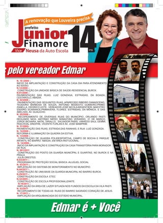 as pelo vereador Edmar
           N. 16 /2008 –
           INICIO DA IMPLANTAÇÃO E CONSTRUÇÃO DA CASA DIA PARA ATENDIMENTO
           AO IDOSO.
           N.12/2008 –
            CONSTRUÇÃO DA UNIDADE BÁSICA DE SAÚDE-RESIDENCIAL BURCK.
           N.01/2008 –
           PAVIMENTAÇÃO DAS RUAS; LUIZ GONZAGA, ESTRADAS, DA BOIADA,
           CESTAROLLI, ABADIA.
           N. 02/2008 –
            PAVIMENTAÇÃO DAS SEGUINTES RUAS; APARECIDO RIBEIRO DAMASCENO,
           TEODORO BARBOSA DE SOUZA, ANTONIO MODESTO GUMIEIRO,PRIMO
           ZANELLA, ODORICO LEITE, VEREADOR JOSÉ NICOLA ARGENTIERI, MAESTRO
           IZIDORO SCARANCE,PRIMAVERA, FLORES. ESTRADAS; DA MÔNICA, E DAS
           ABELHAS. AV. GUALICHO.
           N. 05/2008 –
             RECAPEAMENTO DE DIVERSAS RUAS DO MUNICÍPIO; ORLANDO PASTI
           DEOLINDO NICK, ANTÔNIO NIÉRO SEBASTIÃO VERARDO, 31 DE MARÇO,
           JORGE BICHARA, NATAL TARALLO, SALVADOR PARIS, VINHEDO SAUL GEMMI,
           PASCHOAL DINOFRE, VICENTE FURLAN E AV. JOSÉ MAMPRIM.
           N. 31/2005-
           PAVIMENTAÇÃO DAS RUAS, ESTRADA DAS RAINHAS, E RUA LUIZ GONZAGA.
           N. 14/2008 –
           REFORMA E ILUMINAÇÃO DA QUADRA DA ESTIVA.
           N. 13/2008 –
             CONSTRUÇÃO DE QUADRA POLIDESPORTIVA, CAMPO DE BOCHA E PARQUE
           INFANTIL NO BAIRRO ABADIA, EM ÁREA INSTUCIONAL.
            N. 14/2008 –
            INICIO DA IMPLANTAÇÃO E CONSTRUÇÃO DA CASA TRANSITÓRIA PARA MORADOR
           DE RUA.
           N. 001/2011
             CONSTRUÇÃO DO POSTO DA GUARDA MUNICÍPAL E GUARITAS, NO BURCK E NA
           PRAÇA
            JULIA ORESTES.
           N.03/2011 –
            PROGRAMA DE PROTEÇÃO SOCIAL BÁSICA -ALUGUEL SOCIAL
           N. 03/2011 –
            IMPLATAÇÃO DO SISTEMA DE MONITORAMENTO NO MUNICÍPIO.
           N.04/2011 –
            CONSTRUÇÃO ÃE UMA BASE DA GUARDA MUNICIPAL NO BAIRRO BURCK.
           N.29/2011 –
            CONSTRUÇÃO DA ESCOLA ETEC
           N.32/2005 –
            CONSTRUÇÃO DE ESCOLA PROFISSIONALIZANTE.
             N.18/2011 –
            AMPLIAÇÃO DA ÁREA DE LAZER SITUADA NOS FUNDOS DA ESCOLA DA VILA PASTI.
           N. 03/2011
            RECAPEAMENTO DE TODAS AS RUAS DO BAIRRO SAGRADO CORAÇÃO DE JESUS.
           N. 17/2011 –
            AMPLIAÇÃO DA ARQUIBANCADA DO ESTÁDIO MUNICIPAL.




                                    Edmar é + Você
   revista(a4).indd 7                                                                15/08/12 19:55
 