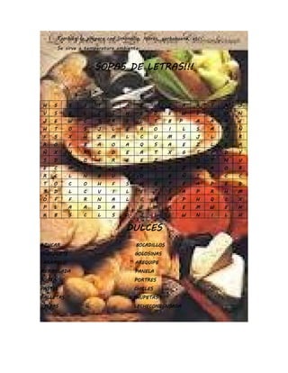 También se prepara con limoncillo, moras, yerbabuena, etc.
         Se sirve a temperatura ambiente.


                        SOPAS DE LETRAS!!!


H    S       S     S     T    F     A     Z       U   C    A    R     T   A   J
V    S       E     L     C     I    H     C       O   E   W     E     N   D   N
J    E       W     C     T    R     F     L       T   B   P     A     A   A   E
H    T       O     S     J    L     E     A       O   I    L    S     A   S   Ñ
 F   S       X     H     Z    M     L     C       U   M    S    J     L   N   R
R    O       F     B     A    O     A     Q       S   A    E    Z     L   E   A
Ñ    X       H     R     C    D     E     A       T   X    G    T     E   D   Y
 S   D       A     O     I    R     E     E       Z   O    V    O     T   N   V
 E   C       H     L     A    L     P     B       L   F   Z     R     A   O   R
R    C       L     N     B    U     F     O       I   B   Ñ     T     S   C   C
 T   O       C     O     H    F     S     H       Q   T    E    A     P   E   D
 S   D       L     C     V     I    L     E       T   S    A    P     R   H   M
O    F       F     R     N    A     L     E       N   A    P    H     Q   C   X
P    L       A     A     D    A     L     E       M   R    E    M     W   E   H
K    B       S     C     L    S     D     J       L   C   W     N     I   L   H


                                    DULCES
AZUCAR                                  BOCADILLOS
CHOCOLATE                               GOLOSINAS
CARAMELO                                AREQUIPE
MERMELADA                               PANELA
TORTA                                   PORTRES
PASTEL
PASTEL                                  CHICLES
GALLETAS                                CHUPETAS
OBLEAS                                  LECHECONDENSADA
 