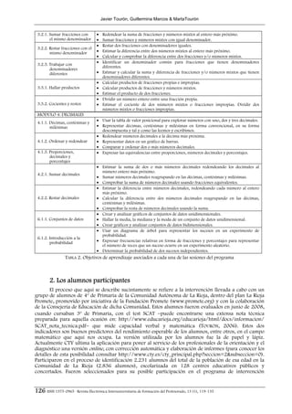 Javier Tourón, Guillermina Marcos & MartaTourón


 3.2.1. Sumar fracciones con        •   Redondear la suma de fracciones y números mixtos al entero más próximo.
        el mismo denominador        •   Sumar fracciones y números mixtos con igual denominador.
                                    •   Restar dos fracciones con denominadores iguales.
 3.2.2. Restar fracciones con el
        mismo denominador           •   Estimar la diferencia entre dos números mixtos al entero más próximo.
                                    •   Calcular y comprobar la diferencia entre dos fracciones y/o números mixtos.
                                    •   Identificar un denominador común para fracciones que tienen denominadores
 3.2.3. Trabajar con
                                        diferentes.
        denominadores
        diferentes                  •   Estimar y calcular la suma y diferencia de fracciones y/o números mixtos que tienen
                                        denominadores diferentes.
                                    •   Calcular productos de fracciones propias e impropias.
 3.3.1. Hallar productos            •   Calcular productos de fracciones y números mixtos.
                                    •   Estimar el producto de dos fracciones.
                                    •   Dividir un número entero entre una fracción propia.
 3.3.2. Cocientes y restos          •   Estimar el cociente de dos números mixtos o fracciones impropias. Dividir dos
                                        números mixtos o fracciones impropias.
 MODULO 4: DECIMALES
                                    • Usar la tabla de valor posicional para explorar números con uno, dos y tres decimales.
 4.1.1. Décimas, centésimas y
        milésimas                   • Representar décimas, centésimas y milésimas en forma convencional, en su forma
                                      descompuesta y tal y como las leemos y escribimos.
                                    • Redondear números decimales a la décima más próxima.
 4.1.2. Ordenar y redondear         • Representar datos en un gráfico de barras.
                                    • Comparar y ordenar dos o más números decimales.
 4.1.3. Proporciones,               • Expresar las equivalencias entre proporciones, números decimales y porcentajes.
        decimales y
        porcentajes
                                    • Estimar la suma de dos o más números decimales redondeando los decimales al
                                      número entero más próximo.
 4.2.1. Sumar decimales
                                    • Sumar números decimales reagrupando en las décimas, centésimas y milésimas.
                                    • Comprobar la suma de números decimales usando fracciones equivalentes.
                                    • Estimar la diferencia entre números decimales, redondeando cada número al entero
                                      más próximo.
 4.2.2. Restar decimales            • Calcular la diferencia entre dos números decimales reagrupando en las décimas,
                                      centésimas y milésimas.
                                    • Comprobar la resta de números decimales usando la suma.
                                    • Crear y analizar gráficos de conjuntos de datos unidimensionales.
 6.1.1. Conjuntos de datos          • Hallar la media, la mediana y la moda de un conjunto de datos unidimensional.
                                    • Crear gráficos y analizar conjuntos de datos bidimensionales.
                                    • Usar un diagrama de árbol para representar los sucesos en un experimento de
                                      probabilidad.
 6.1.2. Introducción a la
        probabilidad                • Expresar frecuencias relativas en forma de fracciones y porcentajes para representar
                                      el número de veces que un suceso ocurre en un experimento aleatorio.
                                    • Determinar la probabilidad de dos sucesos independientes.
                 TABLA 2. Objetivos de aprendizaje asociados a cada una de las sesiones del programa



        2. Los alumnos participantes
       El proceso que aquí se describe sucintamente se refiere a la intervención llevada a cabo con un
grupo de alumnos de 4º de Primaria de la Comunidad Autónoma de La Rioja, dentro del plan La Rioja
Promete, promovido por iniciativa de la Fundación Promete (www.promete.org) y con la colaboración
de la Consejería de Educación de dicha Comunidad. Estos alumnos fueron evaluados en junio de 2008,
cuando cursaban 3º de Primaria, con el test SCAT −puede encontrarse una extensa nota técnica
preparada para aquella ocasión en: http://www.educarioja.org/educarioja/html/docs/informacion/
SCAT_nota_tecnica.pdf− que mide capacidad verbal y matemática (TOURÓN, 2006). Estos dos
indicadores son buenos predictores del rendimiento esperable de los alumnos, entre otros, en el campo
matemático que aquí nos ocupa. La versión utilizada por los alumnos fue la de papel y lápiz.
Actualmente CTY ultima la aplicación para poner al servicio de los profesionales de la orientación y el
diagnóstico una versión online, con corrección automática y elaboración de informes (para conocer los
detalles de esta posibilidad consultar http://www.cty.es/cty_principal.php?seccion=2&subseccion=0).
Participaron en el proceso de identificación 2.231 alumnos del total de la población de esa edad en la
Comunidad de La Rioja (2.836 alumnos), escolarizada en 128 centros educativos públicos y
concertados. Fueron seleccionados para su posible participación en el programa de intervención


126 ISSN 1575-0965 · Revista Electrónica Interuniversitaria de Formación del Profesorado, 13 (1), 119-135
 