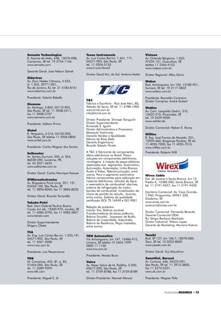 $XWRPRWLYH%86,1(66 ‡ 
OUTROS SISTEMAS
RASTREAMENTO E ROTEIRIZAÇÃO
3T Systems .......................................... 71
Autotrac .............................................. 71
Buonny................................................ 72
Car System .......................................... 72
Chip Sat .............................................. 72
Cielo.................................................... 72
Commandersat.................................... 72
Consegurança..................................... 72
Continental ......................................... 72
Delphi ................................................. 73
Exonn .................................................. 73
Getrak................................................. 73
JCI
JVaz..................................................... 73
Magneti Marelli................................... 73
Omnilink ............................................ 74
Onixsat................................................ 74
Quanta Tecnologia .............................. 74
Sascar ................................................. 74
Satcom ................................................ 74
Sidartrac.............................................. 75
Siemens............................................... 75
GERENCIAMENTO DE FROTA
Bysat ................................................... 72
Consult................................................ 72
Continental ........................................ 72
Guberman........................................... 73
Magneti Marelli................................... 73
Sintel................................................... 75
SoftCenter .......................................... 75
NAV – SISTEMA DE NAVEGAÇÃO
Clarion ................................................ 72
Delphi ................................................. 73
Elgin.................................................... 73
Magneti Marelli................................... 73
Stet Som
Visteon ................................................ 75
BLOQUEADORES DE VEÍCULOS
Cielo.................................................... 72
Exonn .................................................. 73
Magneti Marelli .................................. 73
PST Eletrônica...................................... 74
Sascar ................................................. 74
4. SEGURANÇA
AIRBAG
Continental ........................................ 72
Delphi ................................................ 73
Magneti Marelli................................... 73
Robert Bosch........................................ 74
Takata-Petri ........................................ 75
TRW Automotive.................................. 75
FREIOS ABS, CONTROLE DE
TRAÇÃO E SISTEMA ESP
Continental ........................................ 72
Haldex................................................. 73
Ideal Standard Wabco Trane (Wabco).. 75
Robert Bosch...................................... 741
5. ELETRÔNICA BÁSICA
COMPONENTES PARA
SISTEMAS ELETRÔNICOS
TC ..................................................... 75
INTERRUPTORES, SENSORES
E ATUADORES
Casco ................................................. 72
Continental ......................................... 72
Delphi ................................................. 73
Kostal
MTE-Thomson...................................... 74
Omron
Robert Bosch........................................ 74
Sensata Technologies .......................... 75
TDK ..................................................... 75
Wahler ................................................ 75
SEMICONDUTORES
Corona ............................................... 72
Freescale............................................. 73
Infineon............................................... 73
Semikron............................................. 74
STMicroelectronics............................... 75
Texas Instruments................................ 75
FUSÍVEL
Bussmann............................................ 72
RELÉ
Al Circuits............................................ 71
Cliptech............................................... 72
Continental ......................................... 72
CHICOTES (FIOS)
AEES.................................................... 71
Brascabos............................................ 72
Cablelettra .......................................... 72
Delphi ................................................. 73
Letande ............................................... 73
PK Cables............................................ 74
Policon................................................. 74
Sumidenso
TCA ..................................................... 75
Yazaki.................................................. 75
Wirex................................................... 75
6. SERVIÇOS
Cooper Standard Automotive .............. 72
Semcon - Serviços de Engenharia........ 74
3T Systems
Av. Paulista, 777, 17o
, 01311-914,
São Paulo, SP, tel. 11 2125-8300
www.3tsystems.com.br
Diretor Superintendente:
Sandro Azevedo
Actia
Av. São Paulo, 555, 90230-261,
Porto Alegre, RS, tel. 51 3358-0229
www.actia.com.br
Diretor Geral: Pascal Paul Andre Laigo
Acumuladores Ajax
R. Joaquim Marques de Figueiredo,
5-57, 17034-290, São Paulo, SP,
telefax 14 2106-3000
www.ajax.com.br
Diretor-Presidente: Nasser Farache
AEES Power Systems
Av. Pe. Lourenço da Costa Moreira,
3.679, 04217-000, Itajuba, MG,
telefax 35 3629-2000
www.aeesinc.com
Gerente Geral: Giancarlo Tasso
Gerente de Compras: André Almeida
Al Circuits
R. Sud Menucci, 98, 04017-080,
São Paulo, SP, tel. 11 3384-1000
www.alcircuits.com.br
Presidente: Marcos Scaff
Alfatest
Av. Pres. Wilson, 3.009, 04220-000,
São Paulo, SP, tel. 11 3534-8800,
fax 11 2163-3146
www.alfatest.com.br
Presidente: Clóvis Pedroni Junior
Aunde
R. Itápolis, 85, 08559-450, Poá, SP,
tel. 11 4634-7100, fax 11 4634-7275
www.aunde.com.br
Presidente: José Roberto Ferro
Diretor de Compras: Renato Saghi
Autotrac
Campus Universitário, Darcy Ribeiro,
Gleba A, Asa Norte, 70910-901,
Brasília, DF, tel. 61 3307-7000,
fax 61 3307-7020.
www.autotrac.com.br
Presidente: Nelson Piquet Souto Maior
Bomber
Av. das Indústrias, 2.026, 94930-230,
Cachoeirinha, RS, tel. 51 2125-9100
www.bomber.com.br
Presidente: Gustavo Lermen
 