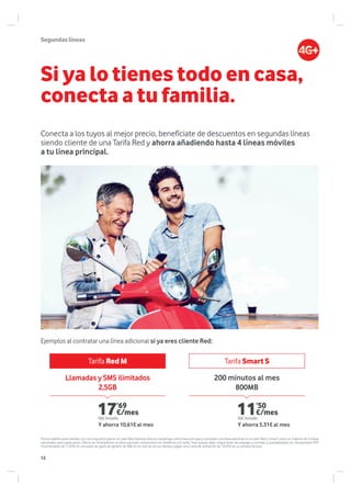 Tarifa Red M Tarifa Smart S
Si ya lo tienes todo en casa,
conecta a tu familia.
Segundaslíneas
Conecta a los tuyos al mejor precio, benefíciate de descuentos en segundas líneas
siendo cliente de una Tarifa Red y ahorra añadiendo hasta 4 líneas móviles
a tu línea principal.
Ejemplos al contratar una línea adicional si ya eres cliente Red:
200 minutos al mes
800MB
Llamadas y SMS ilimitados
2,5GB
Precios válidos para clientes con una línea principal en un plan Red mientras ésta se mantenga como línea principal y contraten una línea adicional en un plan Red o Smart, hasta un máximo de 4 líneas
adicionales para particulares. Oferta sin Smartphone no lleva asociado compromiso en Vodafone y/o tarifa. Para nuevas altas, migraciones de prepago a contrato y portabilidades sin Smartphone PVP
recomendado de 17,65€ en concepto de gasto de gestión de SIM; en el caso de los ya clientes, pagan una cuota de activación de 16,05€ en su primera factura.
Y ahorra 10,61€ al mes Y ahorra 5,31€ al mes
17’69
€/mes
IGIC incluido
11’50
€/mes
IGIC incluido
12
 