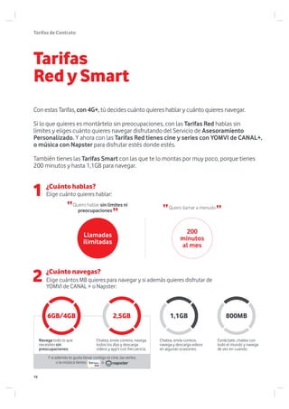 1
2
800MB2,5GB6GB/4GB 1,1GB
Elige cuánto quieres hablar:
Elige cuántos MB quieres para navegar y si además quieres disfrutar de
YOMVI de CANAL + o Napster:
Tarifas
Red y Smart
¿Cuánto hablas?
¿Cuánto navegas?
TarifasdeContrato
Navega todo lo que
necesites sin
preocupaciones.
Y si además te gusta llevar contigo el cine, las series,
o la música tienes o
Llamadas
ilimitadas
200
minutos
al mes
Quiero llamar a menudo
Quiero hablar sin límites ni
preocupaciones
Con estas Tarifas, con 4G+, tú decides cuánto quieres hablar y cuánto quieres navegar.
Si lo que quieres es montártelo sin preocupaciones, con las Tarifas Red hablas sin
límites y eliges cuánto quieres navegar disfrutando del Servicio de Asesoramiento
Personalizado. Y ahora con las Tarifas Red tienes cine y series con YOMVI de CANAL+,
o música con Napster para disfrutar estés donde estés.
También tienes las Tarifas Smart con las que te lo montas por muy poco, porque tienes
200 minutos y hasta 1,1GB para navegar.
Conéctate, chatea con
todo el mundo y navega
de vez en cuando.
Chatea, envía correos,
navega y descarga videos
en algunas ocasiones.
Chatea, envía correos, navega
todos los días y descarga
videos y app’s con frecuencia.
16
 