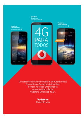 Vodafone
Smart 4 turbo
Con la familia Smart de Vodafone disfrutarás de los
dispositivos 4G a un precio increíble.
Conoce nuestros Smartphones
y nuestro último Tablet,
Vodafone Smart Tab 4G 8”.
Vodafone
Power to you
Compatible con Wallet
Vodafone
Smart 4 power
Compatible con Wallet
4GPARA
TODOS
Vodafone
Smart max
Compatible con Wallet
 