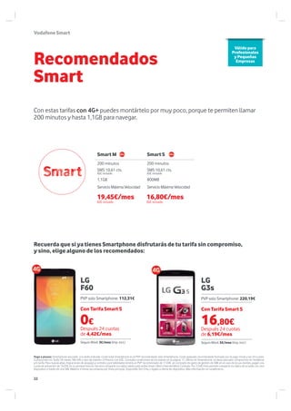 VodafoneSmart
LG
F60
LG
G3s
Recomendados
Smart
Con estas tarifas con 4G+ puedes montártelo por muy poco, porque te permiten llamar
200 minutos y hasta 1,1GB para navegar.
Smart M Smart S
200 minutos 200 minutos
SMS 10,61 cts.
IGIC incluido
SMS 10,61 cts.
IGIC incluido
1,1GB 800MB
ServicioMáximaVelocidad Servicio MáximaVelocidad
Válido para
Profesionales
y Pequeñas
Empresas
Pago a plazos: Smartphone asociado a la tarifa indicada. Coste total Smartphone es el PVP recomendado sólo Smartphone. Coste aplazado recomendado formado por el pago inicial y las 24 cuotas,
Compromiso en Tarifa 18 meses TAE=0% y tipo de interés= 0 Precios con IGIC. Consulta condiciones de los planes en la página 17. Oferta sin Smartphone, no lleva asociado compromiso en Vodafone
y/o tarifa. Para nuevas altas, migraciones de prepago a contrato y portabilidades tendrá un PVP recomendado de 17.69€ en concepto de gasto de gestión de SIM; en el caso de los ya clientes, pagan una
cuota de activación de 16.05€ en su primera factura. Servicio comparte tus datos valido para tarifas Smart, Red e Internet Móvil Contrato. Por 3.54€/mes permite compartir los datos de la tarifa con otro
dispositivo a través de una SIM. Máximo 4 líneas secundarias por línea principal. Disponible Sim Only o ligado a oferta de dispositivo. Más información en vodafone.es
0€
Con Tarifa Smart S
Después 24 cuotas
de 4,42€/mes
PVP solo Smartphone: 112,31€
Seguro Móvil: 3€/mes (Imp. incl.)
Recuerda que si ya tienes Smartphone disfrutarás de tu tarifa sin compromiso,
y sino, elige alguno de los recomendados:
PVP solo Smartphone: 220,19€
Con Tarifa Smart S
Después 24 cuotas
de 6,19€/mes
Seguro Móvil: 5€/mes (Imp. incl.)
19,45€/mes
IGIC incluido
16,80€/mes
IGIC incluido
16,80€
22
 