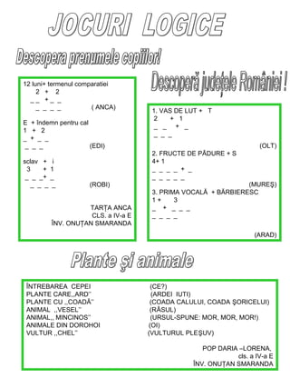 12 luni+ termenul comparatiei
2 + 2
__ +_ _
_ _ _ _
( ANCA)
E + îndemn pentru cal
1 + 2
_ + _ _
_ _ _
(EDI)
sclav +
3
+
_ _ _+
_ _ _

i
1
_
_

1. VAS DE LUT + T
2
+ 1
_ _ + _
_ _ _
(OLT)
2. FRUCTE DE PĂDURE + S
4+ 1
_ _ _ _ + _
_ _ _ _ _

(ROBI)

TARŢA ANCA
CLS. a IV-a E
ÎNV. ONUŢAN SMARANDA

(MUREŞ)
3. PRIMA VOCALĂ + BĂRBIERESC
1+
3
_ + _ _ _
_ _ _ _
(ARAD)

ÎNTREBAREA CEPEI
PLANTE CARE,,ARD’’
PLANTE CU ,,COADĂ’’
ANIMAL ,,VESEL’’
ANIMAL,, MINCINOS’’
ANIMALE DIN DOROHOI
VULTUR ,,CHEL’’

(CE?)
(ARDEI IUTI)
(COADA CALULUI, COADA ŞORICELUI)
(RÂSUL)
(URSUL-SPUNE: MOR, MOR, MOR!)
(OI)
(VULTURUL PLEŞUV)
POP DARIA –LORENA,
cls. a IV-a E
ÎNV. ONUŢAN SMARANDA

 