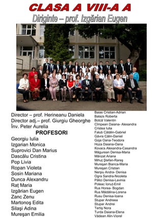 Director – prof. Herineanu Daniela
Director adj.– prof. Giurgiu Gheorghe
Înv. Peter Aurelia

PROFESORI
Georgiu Iulia
Izgarian Monica
Suprovici Dan Marius
Dascălu Cristina
Pop Livia
Ropan Violeta
Sosin Mariana
Dunca Alexandru
Raţ Maria
Izgārian Eugen
Zanc Zenu
Martonoş Edita
Silaşi Adina
Mureşan Emilia

Baias Cristian-Adrian
Balazs Roberta
Botcă Valentin
Cîmpean Daiana- Alexandra
Cristea Iulia
Falub Cătălin-Gabriel
Găvra Călin-Daniel
Goja Oana-Teodora
Hoza Daiana-Oana
Kovacs Alexandra-Casandra
Măgurean Denisa-Maria
Mânzat Ariana
Mihuţ Ştefan-Rareş
Mureşan Bianca-Maria
Mureşan Cristian
Nerşiu Andra- Denisa
Ogra Sandra-Nicoleta
Pălici Denisa-Lavinia
Poleac Ionuţ-Emil
Rus Horea- Bogdan
Rus Mădălina-Lorena
Rusu Denisa-Ioana
Stupar Andreea
Stupar Andrei
Tertiş Nora
Turda Daiana-Elena
Vădean Alin-Viorel

 