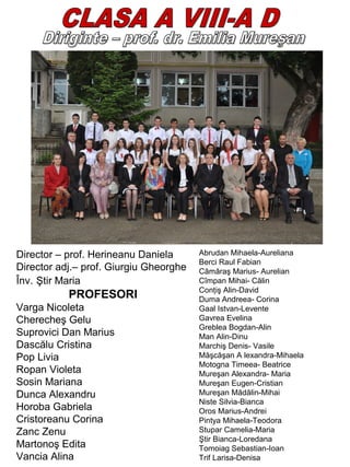 Director – prof. Herineanu Daniela
Director adj.– prof. Giurgiu Gheorghe
Înv. Ştir Maria

PROFESORI
Varga Nicoleta
Cherecheş Gelu
Suprovici Dan Marius
Dascălu Cristina
Pop Livia
Ropan Violeta
Sosin Mariana
Dunca Alexandru
Horoba Gabriela
Cristoreanu Corina
Zanc Zenu
Martonoş Edita
Vancia Alina

Abrudan Mihaela-Aureliana
Berci Raul Fabian
Cămăraş Marius- Aurelian
Cîmpan Mihai- Călin
Conţiş Alin-David
Duma Andreea- Corina
Gaal Istvan-Levente
Gavrea Evelina
Greblea Bogdan-Alin
Man Alin-Dinu
Marchiş Denis- Vasile
Măşcăşan A lexandra-Mihaela
Motogna Timeea- Beatrice
Mureşan Alexandra- Maria
Mureşan Eugen-Cristian
Mureşan Mădălin-Mihai
Niste Silvia-Bianca
Oros Marius-Andrei
Pintya Mihaela-Teodora
Stupar Camelia-Maria
Ştir Bianca-Loredana
Tomoiag Sebastian-Ioan
Trif Larisa-Denisa

 