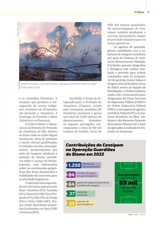 A Defesa 31
e os incêndios florestais. A
atuação, que promove a sal-
vaguarda de terras indíge-
nas, acontece em 15 estados,
em proteção à Amazônia, à
Caatinga, ao Cerrado, à Mata
Atlântica e ao Pantanal.
O Centro Gestor e Opera-
cional do Sistema de Proteção
da Amazônia, do MD, detecta
as áreas onde as ações ilegais
acontecem, além de produzir
e emitir alertas qualificados.
O trabalho envolve, principal-
mente, monitoramento por
meio de imagens satelitais e
emissão de alertas periódi-
cos sobre o avanço do desma-
tamento, com informações
sobre as coordenadas geográ-
ficas das áreas desmatadas e
habilidades de interesse para
as atividades logísticas.
Aoperaçãoestáorganiza-
da em seis bases operacionais
fixas: Altamira (PA), Itaituba
(PA),Humaitá(AM),NovoPro-
gresso (PA),São Félix doXingu
(PA) e Porto Velho (RO). Pos-
sui, ainda, duas bases avança-
das localizadas em Apuí (AM)
e Extrema (RO).
Em 2022, o Grupo de In-
tegração para a Proteção da
Amazônia (Gipam), criado
pelo Censipam, produziu 26
relatórios semanais e gerou
um total de 1.234 alertas de
desmatamento. Somados,
os espaços protegidos cor-
respondem à área de 69 mil
campos de futebol, cerca de
Incêndio localizado e controlado durante a Operação Guardiões do Bioma na região
Centro-Oeste do País.
Vanessa
Oliveira
/
ICMBio
500 mil metros quadrados.
Os meteorologistas do Cen-
sipam também produzem e
enviam, diariamente, mapas
de previsão climática para as
áreas operativas.
Os agentes de geointeli-
gência contribuem com a co-
bertura de imagens terrestres,
por meio do Sistema de Aero-
naves Remotamente Pilotadas.
O trabalho garante fotografias
e filmagens com melhor reso-
lução e precisão para avistar
instalações onde há maquiná-
rio de garimpo (como balsas e
dragas),alémdelocalizaráreas
de difícil acesso às equipes de
fiscalização. A Defesa colabora,
ainda, com o treinamento para
integrantes da Força Nacional
de Segurança Pública (FNSP) e
da Polícia Rodoviária Federal
(PRF),eotransportedeagentes
da Polícia Federal (PF) e do Ins-
tituto Brasileiro do Meio Am-
biente e dos Recursos Naturais
Renováveis (Ibama) até a base
deoperações,localizadaemHu-
maitá,noAmazonas.
Contribuições do Censipam
na Operação Guardiões
do Bioma em 2022
37 relatórios
semanais
1.298 alertas de
desmatamento
64
apoios em geoprocessamento
e análise de imagens
84
missões de apoio
em geointeligência
25
agentes de
geointeligência
Área protegida
equivalente a
69 mil
campos de
futebol
Fonte:
 Censipam – dez/2022
 