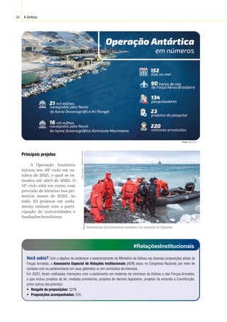 A Defesa
34
Principais projetos
A Operação Antártica
iniciou seu 40º ciclo em ou-
tubro de 2021, o qual se es-
tendeu até abril de 2022. O
41º ciclo está em curso, com
previsão de término nos pri-
meiros meses de 2023. Ao
todo, 23 projetos em anda-
mento contam com a parti-
cipação de universidades e
fundações brasileiras.
Desembarque dos profissionais envolvidos nas pesquisas da Operantar.
Edson
Vandeira
/
Marinha
do
Brasil
Fonte:
 Operantar.
#RelaçõesInstitucionais
Você sabia? Com o objetivo de esclarecer o posicionamento do Ministério da Defesa nas diversas proposições afetas às
Forças Armadas, a Assessoria Especial de Relações Institucionais (AERI) atuou no Congresso Nacional, por meio de
contatos com os parlamentares em seus gabinetes ou em comissões de interesse.
Em 2022, foram realizadas interações com o parlamento em matérias de interesse da Defesa e das Forças Armadas,
o que incluiu projetos de lei, medidas provisórias, projetos de decreto legislativo, projetos de emenda à Constituição,
entre outros documentos:
• Resgate de proposições: 3278.
• Proposições acompanhadas: 520.
 