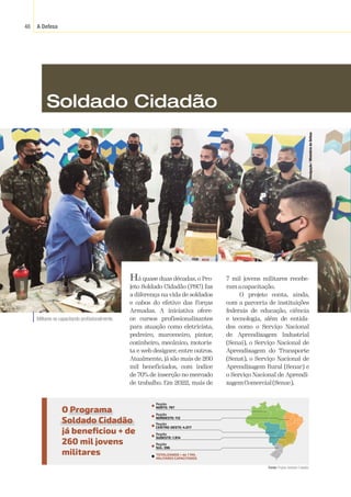 A Defesa
48
Divulgação
/
Ministério
da
Defesa
Soldado Cidadão
Há quase duas décadas, o Pro-
jeto Soldado Cidadão (PSC) faz
a diferença na vida de soldados
e cabos do efetivo das Forças
Armadas. A iniciativa ofere-
ce cursos profissionalizantes
para atuação como eletricista,
pedreiro, marceneiro, pintor,
cozinheiro, mecânico, motoris-
ta e web designer, entre outros.
Atualmente, já são mais de 260
mil beneficiados, com índice
de 70% de inserção no mercado
de trabalho. Em 2022, mais de
7 mil jovens militares recebe-
ramacapacitação.
O projeto conta, ainda,
com a parceria de instituições
federais de educação, ciência
e tecnologia, além de entida-
des como o Serviço Nacional
de Aprendizagem Industrial
(Senai), o Serviço Nacional de
Aprendizagem do Transporte
(Senat), o Serviço Nacional de
Aprendizagem Rural (Senar) e
o Serviço Nacional de Aprendi-
zagemComercial(Senac).
Militares se capacitando profissionalmente.
Fonte:
 Projeto Soldado Cidadão.
Região
NORTE: 797
Região
CENTRO-OESTE: 4.017
Região
SUL: 396
Região
SUDESTE: 1.914
Região
NORDESTE: 112
TOTALIZANDO + de 7 MIL
MILITARES CAPACITADOS
O Programa
Soldado Cidadão
já beneficiou + de
260 mil jovens
militares
 