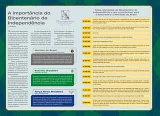 A importância do
Bicentenário da
Independência
Fatos relevantes do Bicentenário da
Independência e que contribuíram para
a soberania e a liberdade do Brasil
Os eventos mais importantes
na história de um país referem-
-se aos feitos e aos heróis que
conduziram um povo à liberda-
de e que tornaram real o proje-
to de Nação soberana. Foi o que
aconteceu com o Brasil em 7 de
setembro de 1822.
As lutas e guerras trava-
das pelos brasileiros, por meio
da heróica participação da Ma-
rinha e do Exército, tornaram
possívelatãosonhadaindepen-
dência do Brasil, cuja sobera-
nia, hoje, também é assegurada
pela Aeronáutica.
Assim, comemorar o Bi-
centenário da Independência
é um dever de todo brasileiro
e uma oportunidade para re-
verenciar o papel das Forças
Armadas na manutenção da
liberdade, da defesa e do cresci-
mento do Brasil.
Contribuir para a garantia
da soberania nacional, dos pode-
resconstitucionais,daleiedaor-
dem, salvaguardando os interes-
ses nacionais e cooperando com
o desenvolvimento nacional e o
bem-estar social é uma missão
queincumbeaomilitar.
O juramento de “defesa da
Pátria com o sacrifício da pró-
pria vida” é o maior compro-
misso que um cidadão pode
assumir e que garante a exis-
tência e a liberdade da nossa
Nação. E com a liberdade tam-
bém se assegura a soberania e
a independência.
E é dessa forma que as For-
ças Armadas Brasileiras estão
presentes no dia a dia da Pátria
e de seus cidadãos, protegendo a
todosepropiciandoodesenvolvi-
mento da economia, da infraes-
trutura, da segurança, do meio
ambiente,daagricultura,dasaú-
de, da educação e da cultura do
Brasil,portodasasgerações.
ComemoreoBicentenário!
Celebre a Independência
do Brasil!
Preste homenagem aos pa-
triotasquedefendem,comapró-
priavida,asoberaniadaPátria!
Mais antiga das três Forças Armadas do Brasil, a Marinha do Brasil, responsável por
conduzir operações navais, é a maior da América Latina e a segunda maior do conti-
nente americano.Dos navios lusitanos deixados nos portos nacionais nos idos de 1822
à eficiente defesa dos mares do Brasil por embarcações potentes e equipamentos
modernos.Assim foi a transformação da Marinha do Brasil, desde os seus primórdios.
Marinha do Brasil
Protegendo Nossas Riquezas, Cuidando da Nossa Gente!
Responsável, no plano externo, pela defesa do País e, no interno, pela garantia da
lei, da ordem e dos poderes constitucionais, o Exército Brasileiro (EB) mantém-se
em preparação permanente para atuar em situações de conflito ou guerra. As
tropas também são empregadas na defesa da faixa de fronteira e para levar
alimentos e serviços médicos a pontos isolados do território nacional.
Exército Brasileiro
Braço forte, mão amiga
Do pioneirismo de Santos Dumont,“Pai da Aviação”, ao avanço tecnológico do super-
sônico dos novos F-39 Gripen,a FAB – considerada a maior força aérea do Hemisfério
Sul – investe na modernização de suas aeronaves para utilização em ações de defesa,
ataque e reconhecimento, englobando medidas de policiamento do espaço aéreo e
outras relacionadas ao emprego do Poder Aeroespacial.A FAB é.
Força Aérea Brasileira
Asas que protegem o País
Revolução Liberal do Porto, em Portugal. Impulsionou a independência do Brasil, ao defender a formação de uma
monarquia constitucional, com a volta imediata de Dom João VI, que estava no Brasil desde 1808, e o retorno do
Brasil à condição de colônia.
24 | AGO | 1820
Rendição do Maranhão sob bloqueio naval da Esquadra brasileira.
27 | JUN | 1823
Dia do Fico.
09 | JAN | 1822
Assinatura do Decreto da independência pela Imperatriz, na condição de Regente.
02 | FEV | 1822
Proclamação da Independência do Brasil.
07 | SET | 1822
A Província do Pará, Belém, também declara sua adesão ao Império.
15 | AGO | 1823
A Batalha do Jenipapo, junto ao rio Jenipapo, na vila de Campo Maior, no Piauí, foi um confronto entre partidários da
independência brasileira e a resistência portuguesa. As tropas portuguesas acabaram tendo sua bagagem de guerra
subtraída pelos patriotas, ficando sem soldo e sem munição.
13 | MAR | 1823
O brasileiro Alberto Santos Dumont realiza o primeiro voo com um equipamento mais pesado que o ar, o 14-Bis. O
crescimento da atividade aérea, em todo o mundo, revelou a pressurosa necessidade da Pátria brasileira possuir um
Poder Aéreo com grande capacidade dissuasória e características indispensáveis para a manutenção da independência.
23 | OUT | 1926
Permanência do Príncipe Dom Pedro em terras brasileiras, mesmo diante do agravamento do movimento revolucio-
nário na antiga metrópole e o consequente retorno do rei Dom João VI para Portugal.
26 | ABR | 1821
Assinado o Ato de incorporação ao Império. As tropas portuguesas rendiam-se aos patriotas do Maranhão, apoiados
pelo Ceará e pelo Piauí.
28 | JUN | 1823
Criação da Esquadra brasileira. Na Baía de Guanabara, a Bandeira Nacional foi hasteada pela primeira vez na Nau
Martim de Freitas, rebatizada como Pedro I e tornada o navio capitânia da nova Esquadra.
10 | NOV | 1822
Rendição do último reduto da resistência portuguesa, na Província Cisplatina, e evacuação de todo o contingente
português do território brasileiro, após intensos combates, desabastecimento provocado pelo bloqueio naval brasileiro
e cerco terrestre.
18 | NOV | 1823
A Esquadra brasileira, já sob o comando do Primeiro Almirante Thomas Cochrane, embarcado na Nau Pedro I, es-
tabeleceu o bloqueio naval de Salvador e as tropas inimigas capitularam. O Exército Libertador entrou triunfante na
cidade já desocupada pelo inimigo.
02 | JUN | 1823
Criação do Ministério da Aeronáutica, com a aproximação das Asas da Aviação Naval e da Aviação Militar.
20 | JAN | 1941
Na Itália, durante o contexto da Segunda Guerra Mundial, ao lado dos Aliados, integrantes do 1º Grupo de Avia-
ção de Caça e da 1ª Esquadrilha de Ligação e Observação, da Força Aérea Brasileira, participaram do esforço
de guerra na defesa dos valores da democracia e da autodeterminação dos povos. O evento foi considerado o
batismo de fogo da nova Força.
22 | MAI | 1942
Por Rui Pizarro
 