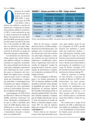 O
Revista Adusp                                                                                         Outubro 2005
                 processo de escolha    QUADRO 1 - Eleições para Reitor em 2005 - Colégio eleitoral
                 da pessoa que virá a
                                                             PRIMEIRO TURNO               SEGUNDO TURNO
                 ocupar, no período
                 2006-2009, o prin-        Categoria      Número de Participação Número Participação
                 cipal cargo da USP,                       eleitores no colégio de eleitores no colégio
                 o de Reitor, volta a      Docentes          1476          88,0%           247           85,2%
colocar em evidência a questão da
                                           Discentes          135           8,0%            34           11,7%
democracia. Comparada às demais
universidades públicas brasileiras,      Funcionários         60            3,6%             3           1,0%
a USP é a mais autoritária no que           Outros*            6            0,4%             6           2,1%
se refere ao processo de escolha de
Reitor. Na sucessão do reitor Adol-          Totais          1677         100,0%           290          100,0%
pho José Melfi, prevista para ocorrer   Fonte: Lista de Eleitores (2005) - Secretaria Geral da USP (04/10/2005)
em dois turnos, nos dias 25 de outu-
bro e 8 de novembro de 2005, mais           Além de não prever a eleição        caso, pela simples razão de que
uma vez entrariam em ação dispo-        direta de reitores, a LDB restringe a   nos colegiados da USP a grande
sitivos restritivos, que dão absoluto   democracia ao determinar que, “em       maioria dos membros é consti-
controle do processo ao grupo de        qualquer caso, os docentes ocupa-       tuida por professores titulares —
burocratas que gere a universidade.     rão setenta por cento dos assentos      uma subcategoria formada pelos
    Levantamento do Informativo         em cada órgão colegiado e comis-        que chegam ao topo da carreira
Adusp aponta que outras institui-       são, inclusive nos que tratarem da      docente, que controla os principais
ções públicas realizam, no mínimo,      elaboração e modificações estatu-       postos da administração universi-
consultas às respectivas comunida-      tárias e regimentais, bem como da       tária e detém com exclusividade a
des, cujos resultados são levados em    escolha de dirigentes” (artigo 56,      prerrogativa de candidatar-se ao
conta pelos colegiados responsáveis     parágrafo único). Com isso, a parti-    cargo de Reitor. Exemplo: 87%
pela elaboração de listas a partir      cipação de funcionários e estudan-      dos membros docentes do CO são
das quais os dirigentes são esco-       tes é reduzida a no máximo 30% do       professores titulares (ver p. 17)
lhidos. Em alguns casos, a vontade      colégio eleitoral.                          Além de expressar a vontade
expressa pelas urnas é soberana,            Nos seus colegiados, a USP ultra-   de uma minoria, o processo de
ainda que formalmente a legisla-        passa o já elevado percentual de        escolha do Reitor na USP é anti-
ção determine a homologação dos         70% de docentes definido na LDB,        democrático nas duas pontas:
resultados por algum colegiado e        situando-se portanto numa situação      na inicial, o universo dos que
a nomeação por uma autoridade           de ilegalidade que agrava a falta de    têm direito de candidatar-se ao
externa à universidade (Governa-        democracia no processo eleitoral.       cargo, reservado exclusivamente
dor ou Ministro da Educação).           No Conselho Universitário (CO), os      aos professores titulares; e na
    A promulgação, em 1996, da Lei      docentes perfazem 80,6% dos mem-        final, porque cabe ao Governa-
de Diretrizes e Bases da Educação       bros. Quando analisada a composi-       dor a última palavra, escolhendo
(LDB), provocou retrocessos em          ção do colégio eleitoral que vota no    numa lista tríplice o nome do seu
várias instituições, principalmente     1º turno do processo de escolha do      agrado.
no que se refere à paridade, pois       Reitor, os docentes chegam a repre-         De acordo com o artigo 36 do
antes da LDB algumas delas con-         sentar 88% do total de eleitores,       Estatuto da USP, a elaboração da
tabilizavam os votos das consultas      índice que cai para 85% no 2º turno     lista tríplice de candidatos a Reitor
de modo que docentes, estudantes        (vide Quadro 1).                        a ser encaminhada ao Governador
e funcionários tivessem o mesmo             Porém, falar-se em “docentes”       do Estado ocorre em dois turnos
peso no resultado final.                é quase uma impropriedade neste         com voto secreto.


                                                                                                                  
 
