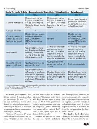 Revista Adusp                                                                                               Outubro 2005

  Quadro 2b- Escolha de Reitor - Comparativo entre Universidades Públicas Brasileiras - Outras Estaduais
  Universidade                            UEM                              UERJ                         UENF
                               Diretas, com homo-              Diretas, com homo-
                                                                                              Diretas, com homolo-
                               logação dos resulta-            logação dos resulta-
                                                                                              gação dos resultados
   Sistema de Escolha          dos da consulta pelo            dos pelos Conselhos
                                                                                              da consulta pelo Con-
                               Conselho Universitário          Superiores da Univer-
                                                                                              selho Universitário
                               (COU).                          sidade
   Colégio eleitoral                         *                              *                              *
                               Eleição com os seguin-                                         Eleição com os
   Consulta à comu-            tes pesos: docentes                                            seguintes pesos:
   nidade ou eleição           (70%), estudantes               Paritária                      docentes (70%), estu-
   (sistema de pesos)          (15%), funcionários                                            dantes (15%), funcio-
                               (15%)                                                          nários (15%)
                                                               Ao Governador cabe             Ao Governador cabe
                               Governador nomeia
                                                               apenas nomear o                apenas nomear o
                               um dos nomes de lista
                                                               reitor e o vice-reitor         reitor e o vice-reitor
   Palavra final               sêxtupla, encaminha-
                                                               escolhidos. Na prá-            escolhidos. Na prá-
                               dos na ordem de clas-
                                                               tica, o resultado da           tica, o resultado da
                               sificação na consulta
                                                               consulta é soberano            consulta é soberano
                                                               Qualquer docente,
   Requisito mínimo            Qualquer membro da
                                                               desde que efetivo há           Professor Associado
   para candidatura            carreira docente
                                                               5 anos
                               Governador costuma
                               referendar o resultado          Eleições diretas para          Eleições diretas para
                               da consulta, que teve           Reitor são garantidas          Reitor são garantidas
   Destaque
                               sistema paritário desde         pela Constituição do           pela Constituição do
                               o pleito de 1986 até o          Estado                         Estado
                               de 2002
  * A composição detalhada dos colegiados da UEM, Uerj e Uenf não importa, já que eles apenas homologam os resultados da
  consulta. Todos seguem a LDO (70% de professores).
  Fonte: Universidades e ADs



    Os nomes que compõem a lista          um dos turnos conter no máximo            uma lista tríplice que é enviada ao
tríplice precisam de maioria absoluta     três nomes” (parágrafo único, inciso      Governador, a quem cabe a decisão
de votos (artigo 36, inciso IV). “Se      VII). Explica-se essa regra: na buro-     final, e apenas professores titulares
em dois escrutínios a maioria abso-       cracia da USP, certos professores         são elegíveis. A escolha, contudo, é
luta não for atingida far-se-á uma ter-   titulares ocupam mais de uma vaga         realizada em único turno, dela par-
ceira votação, incluindo-se na lista os   em colegiados. Definida finalmente        ticipando somente os membros do
nomes que receberem maior número          pelo exíguo colégio eleitoral do 2°       Conselho Universitário e dos Con-
de sufrágios” (inciso V).                 turno, a lista tríplice segue para a      selhos Centrais.
    Tanto no 1° como no 2° turno,         decisão do Governador.                        Nos Quadros 2a, 2b e 2c o leitor
cada eleitor tem direito a apenas um          Também no processo de esco-           encontrará um resumo do processo
voto, “devendo seu voto em cada           lha de Vice-Reitor, elabora-se            de escolha de Reitor em nove uni-


                                                                                                                       
 