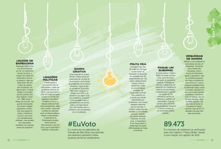 32 AGENDA São Carlos 2016 33AGENDA São Carlos 201632 AGENDA São Carlos 2016
LOUCOS DE
BARBACENA
Barbacena (MG) tinha
uma fama duvidosa:
por ter um manicômio
famoso na terra, a
imagem da cidade era
associada à loucura,
ao desvario, algo que
obviamente não era
motivo de orgulho
dos moradores. Há
alguns anos, a cidade
chegou à conclusão
que era preciso tirar
essa história a limpo:
em 1996 surgiu o
Museu da Loucura, que
guarda informações
do primeiro hospital
psiquiátrico mineiro.
Dez anos depois foi
criado o Festival da
Loucura, que conta
com apresentações
artísticas, mas também
com discussões
cientíﬁcas com grandes
nomes da psiquiatria.
SAMPA
CRIATIVA
Uma proposta do projeto
Sampa Criativa prevê que
praticantes de corridas de
rua funcionem como ﬁscais
de problemas como bueiros
entupidos, fugas de gás
ou semáforos quebrados.
Eles usam celulares ou
relógios com GPS e, ao
passarem por algum local
com problemas, enviariam
uma mensagem para a
concessionária de serviço
público correspondente,
com informações sobre o
problema e as coordenadas
com a localização.
LIGAÇÕES
POLÍTICAS
A Poderopedia é
uma grande rede de
informações, criada por
jornalistas chilenos em
2012, que se propõe a
criar um mapa de quem
é quem no mundo dos
negócios e da política.
O objetivo é tornar a
relação público-privada
mais transparente, assim
como revelar “potenciais
conﬂitos de interesse
entre os líderes políticos,
cívicos e empresariais”.
A experiência da
Poderopedia recebeu
vários prêmios
internacionais e deu tão
certo que foi estendida a
Colômbia e Venezuela.
#EuVoto
É o nome de um aplicativo da
Câmara de São Paulo que permite
aos eleitores opinarem sobre
projetos de lei em andamento
FRUTA FEIA
O projeto Fruta Feia
foi criado em Portugal
e visa reduzir as
toneladas de alimentos
de qualidade que são
desperdiçados por não
serem esteticamente
bonitos, embora
mantenham todas
as características
nutritivas. Os
integrantes do Fruta
Feia compram os
produtos que seriam
descartados por
produtores, com preços
bastante inferiores
aos de mercado, e
montam cestas que são
vendidas a comunidades
carentes, também
por preços bastante
inferiores. Em três
anos, a Cooperativa
Fruta Feia já evitou o
desperdício de quase
300 toneladas de frutas
e hortifrútis.
PAGUEI UM
SUBORNO
O portal indiano “I Paid a
Bribe” foi criado há cinco
anos, para denunciar
corrupção de servidores
públicos. A plataforma
permite a elaboração de
relatórios com detalhes do
suborno às autoridades.
A identiﬁcação é opcional.
Um equipe de 50
voluntários veriﬁca os
relatórios e notiﬁcam as
autoridades. O portal
também tem uma área
para as pessoas indicarem
o nome e função de
um funcionário público
honesto.
ORQUÍDEAS
DE MARIPÁ
Maripá é uma cidadezinha
paranaense de seis mil
habitantes. Conhecida
como Cidade das
Orquídeas, tinha a
economia fortemente
ligada à agricultura, mas
os moradores queriam
que fosse conhecida de
outra forma. E, o que a
pequena localidade tinha
de diferente? Após muitas
conversas, descobriu-se
que todo mundo adorava
orquídeas e resolveram
criar um festival. Isso foi
há duas décadas. Hoje,
a cidade organiza uma
das maiores feiras de
orquídeas do Estado,
reunindo mais de 25 mil
pessoas nos seus três
dias de duração.
89.473
É o número de relatórios já veriﬁcados
pelo site indiano “I Paid a Bribe”, desde
a sua criação, em agosto de 2011
SãoCarlos
 