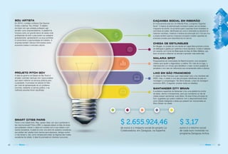 48 AGENDA Ribeirão 201648 AGENDA Ribeirão 2016 49AGENDA Ribeirão 2016
SOU ARTISTA
Em 2014, o artista curitibano Dan Querolo
fundou a startup “Sou Artista”. O objetivo
era fazer com que artistas pudessem agir
também como empreendedores. A plataforma
funciona como um grande banco de dados onde
proﬁssionais de todo o país podem se cadastrar
gratuitamente, apresentarem os seus portfólios
e concorrerem a oportunidades de trabalho. A
empresa também oferece informações sobre
economia criativa e mercado cultural.
PROJETO PITCH GOV
A ideia do governo do Estado de São Paulo é
simples: contratar startups com novos projetos
que visem melhorar os serviços públicos para
a população. O processo de seleção foi feito
por meio da apresentação de um problema
concreto, existente no serviço público, e as
melhores soluções foram escolhidas.
SMART CITIES PARIS
Paris é uma cidade linda. Mas, apesar disso, por que o parisiense é
tão mau-humorado? Para a IBM, a resposta estava na falta de locais
que pudessem colocar o nativo em contato com a sua cidade e com
outros moradores. A saída foi criar uma série de outdoors inovadores,
que podiam ser usados como bancos para descanso, abrigos contra
o mau tempo e, até, como rampas para evitar os degraus das muitas
escadarias da cidade. A ideia foi premiada em diversos concursos.
CAÇAMBA SOCIAL EM RIBEIRÃO
Em funcionamento este ano, em Ribeirão Preto, o programa “Caçamba
Social”. O objetivo da administração municipal é acabar com os bolsões
irregulares de entulho. As primeiras quatro caçambas foram instaladas na
zona Oeste da cidade, identificadas por cores e destinadas ao descarte de
materiais recicláveis, madeiras e resíduos da construção civil. A lei que criou
o projeto também autoriza o Executivo municipal a receber caçambas de
empresas privadas para disponibilizá-las em bairros.
CHEGA DE ESTILINGUES
Em Sergipe, um projeto de uma escola em Lagoa Seca promove a troca
de estilingues e gaiolas por cadernos e livros escolares. A ideia é realizada
em conjunto com Curso de Observação de Aves de Mata Atlântica, que
levou os alunos a observar os animais e aprender mais sobre eles.
MALARIA SPOT
Pesquisadores da Universidade de Madrid lançaram uma campanha
coletiva para ajudar a diagnosticar a malária. Por meio de um jogo, o
internauta tem um minuto para identiﬁcar o maior número possível de
parasitas e com isso vai melhorando sua compreensão sobre a doença.
LIXO EM SÃO FRANCISCO
A cidade de São Francisco quer reaproveitar todo o lixo reciclável até
2020. Hoje, a cidade é uma das principais referências do país em
reciclagem e compostagem. Na última década, a taxa de reciclagem
aumentou 80%. O segredo: envolver todos os cidadãos.
SANTANDER CITY BRAIN
A prefeitura espanhola de Santander criou uma plataforma on-line
de ideias, aberta e transparente, para que moradores ou não da
cidade possam apresentar suas ideias. Há duas linhas principais de
foco: sugestões que podem colaborar com o desenvolvimento local
como Cidade Inteligente e ideias que possam ser incorporadas ao
Plano Diretor da cidade.
$ 2.655.924,46
de euros é o impacto social do projeto La
Colaboradora, em Zaragoza, na Espanha.
$ 3,17
euros é o retorno social
de cada euro investido no
programa Zaragoza Activa.
RibeirãoPretoRibeirãoPretoRibeirãoPretoirrããããrrrããrrrããrrrããrããããããããããããããPPPrPPrrPPrPPriibbbbiibbbbbibbbibbbRiRiRRiRRibbbbbbebbbbbbbbbRRiRRiRiRiRRRRrerrrtotttPrrPrrPrrPrrooooooooooooooottootootototooooorrrrrreeeettreeeettreeeettreeeettreereeerreerreeetttttttttttoottttttRrrrrããoãããããPPPPPPPPPPPPPPPPPPPPPoããããããããããoPPPPPPPPPPPPooooooãoãoããoooããooooooooooPPPPPPPPPPooooooooobbbbbbbbbooooooooRRRRRRRRRRRRRRRRRRRRRRRRRRRRRRRRRRReireireirreirrrrrrrbbbbbbbbbbbeebbebeeebeeebeebebebeeireireeiireeiirrrrrrrreeeeeeeeeeeRibeirãoPreto
 